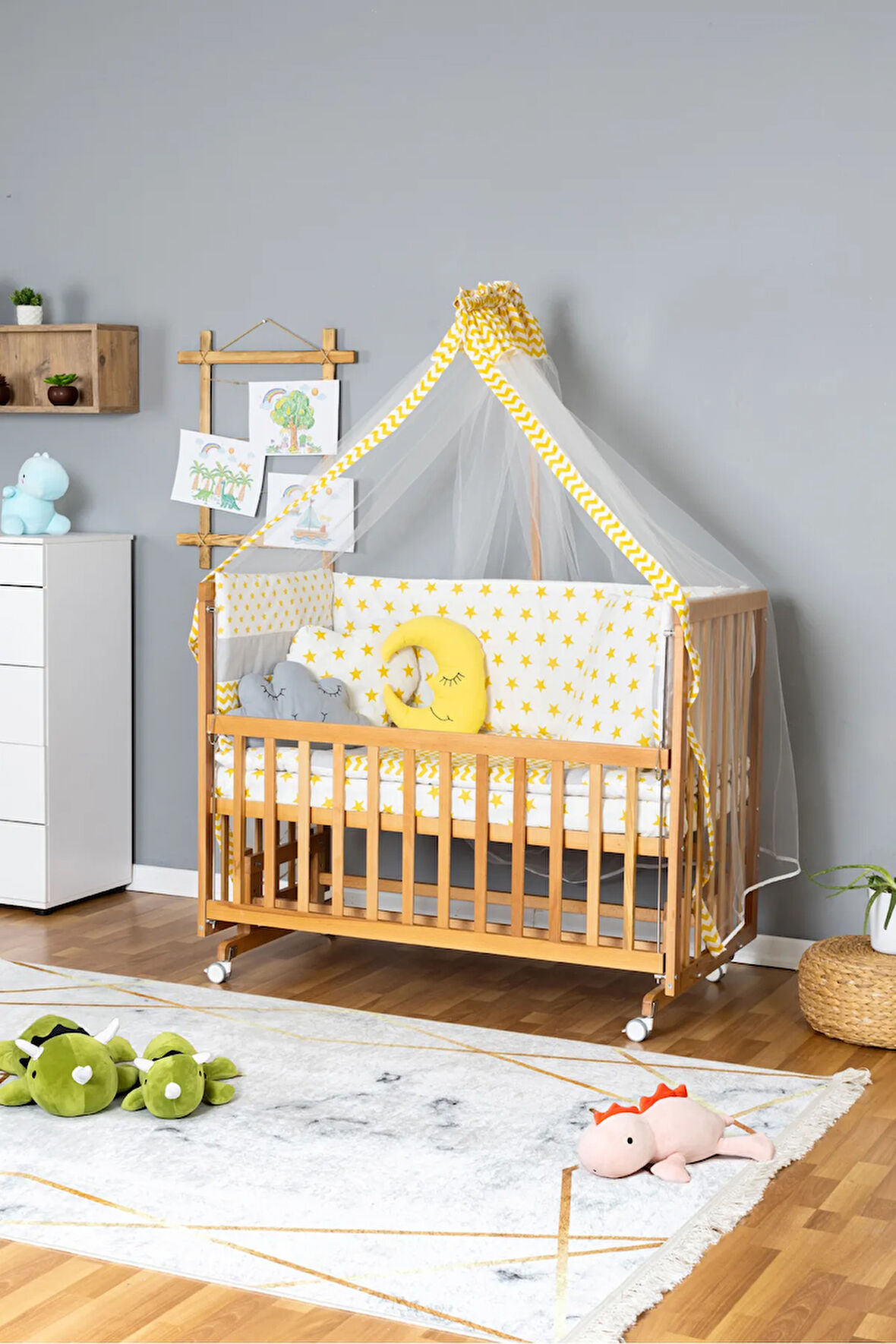 Ahşap Beşik Anne Yanı Yeni Doğan Asya Organik Bebek Beşiği SARI YILDIZ UYKU SETLİ + TEKERLEKLİ