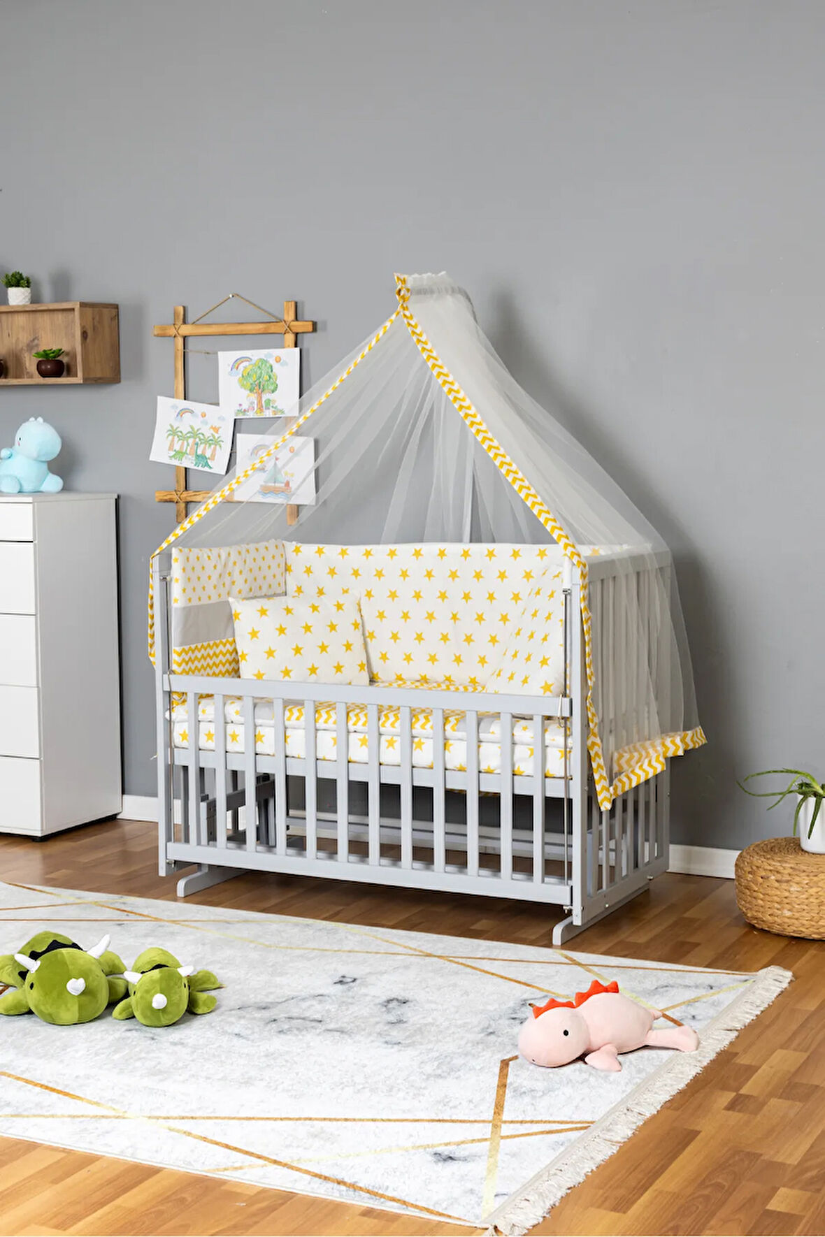 Ahşap Beşik Anne Yanı Yeni Doğan Asya Gri Bebek Beşiği SARI YILDIZ TEK YASTIK UYKU SETLİ