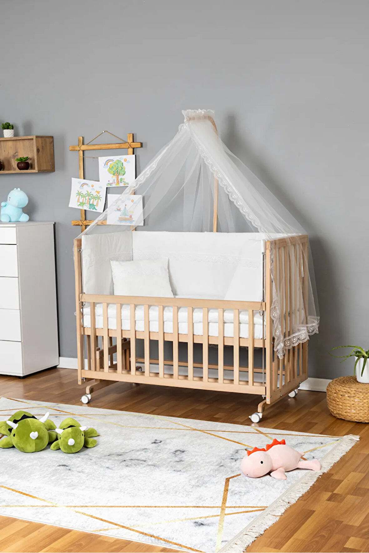 Ahşap Beşik Anne Yanı Yeni Doğan Asya Organik Bebek Beşiği BEYAZ GÜPÜR UYKU SETLİ + TEKERLEKLİ