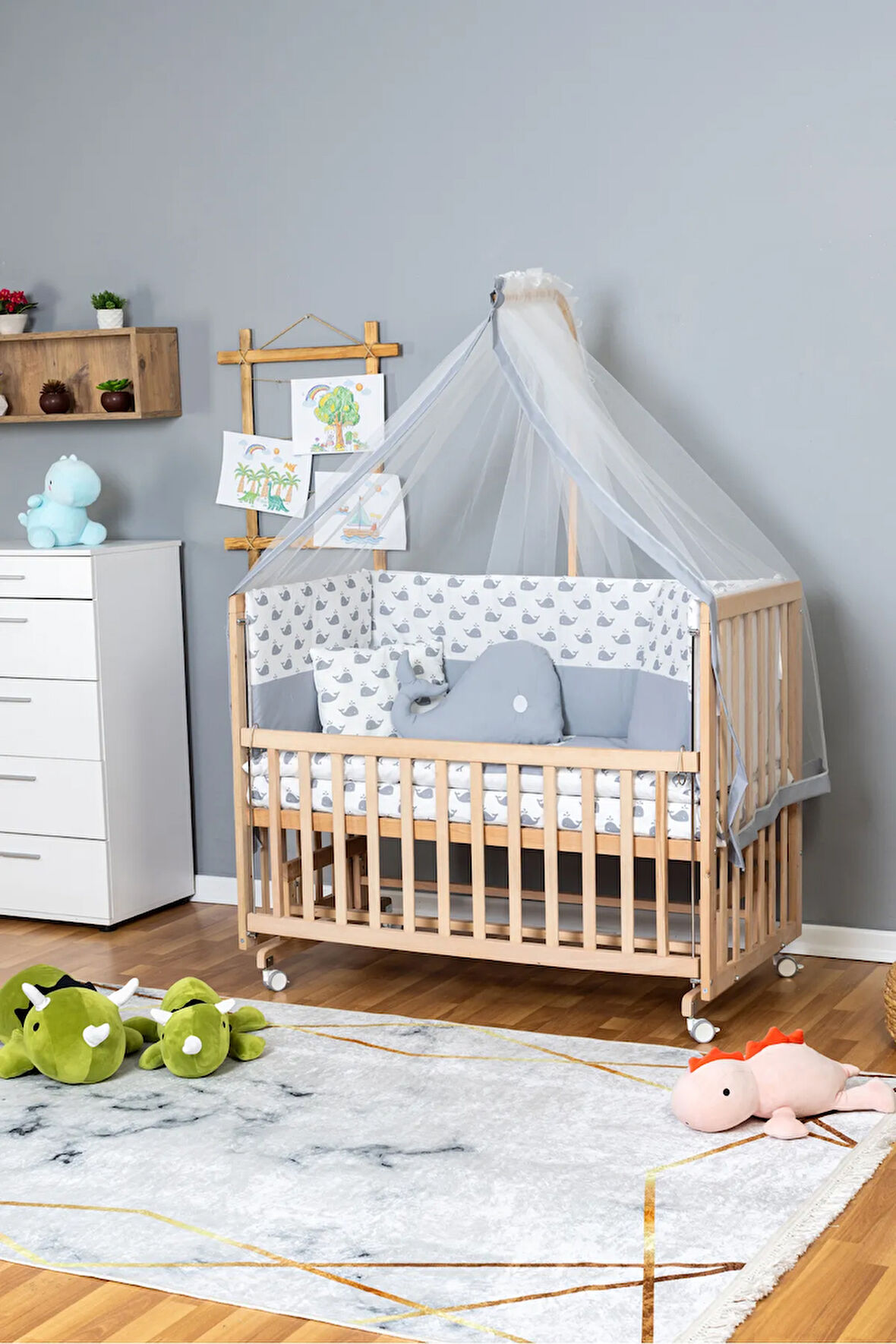 Ahşap Beşik Anne Yanı Yeni Doğan Asya Organik Bebek Beşiği gri BALİNA UYKU SETLİ + TEKERLEKLİ