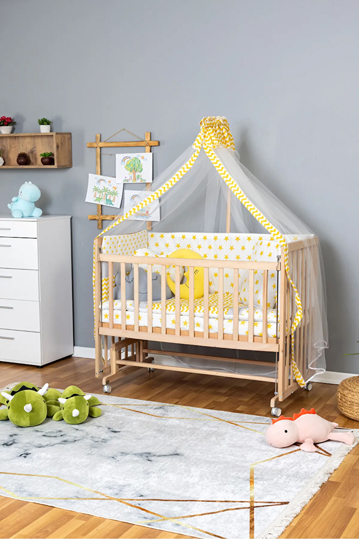 Ahşap Beşik Anne Yanı Yeni Doğan Asya Organik Bebek Beşiği SARI YILDIZ UYKU SETLİ + TEKERLEKLİ