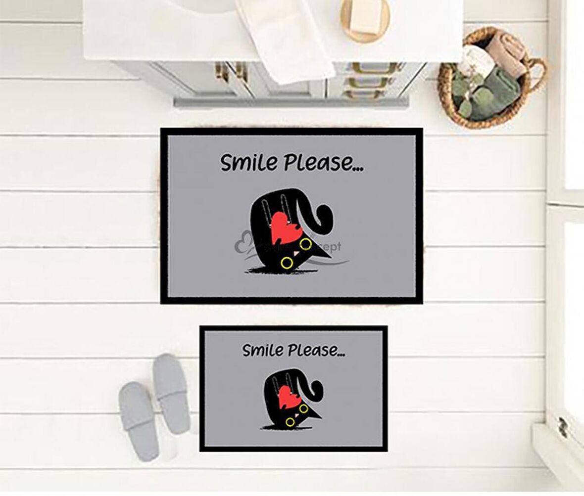Sevimli Kedi Banyo Paspası, Kaymaz Taban Banyo Paspası, Yazılı Klozet Takımı, Klozet Takımı, Yıkanabilir Klozet Takımı, Dekoratif Banyo Paspası, Gri Klozet Takımı, Smile Please