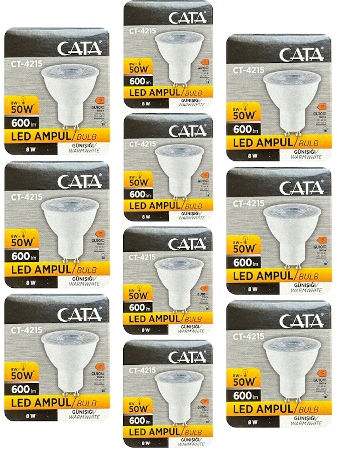 (10 Adet) Cata 8W (50W) 3000K (Sarı Işık) GU10 Duylu Led Spot Ampul