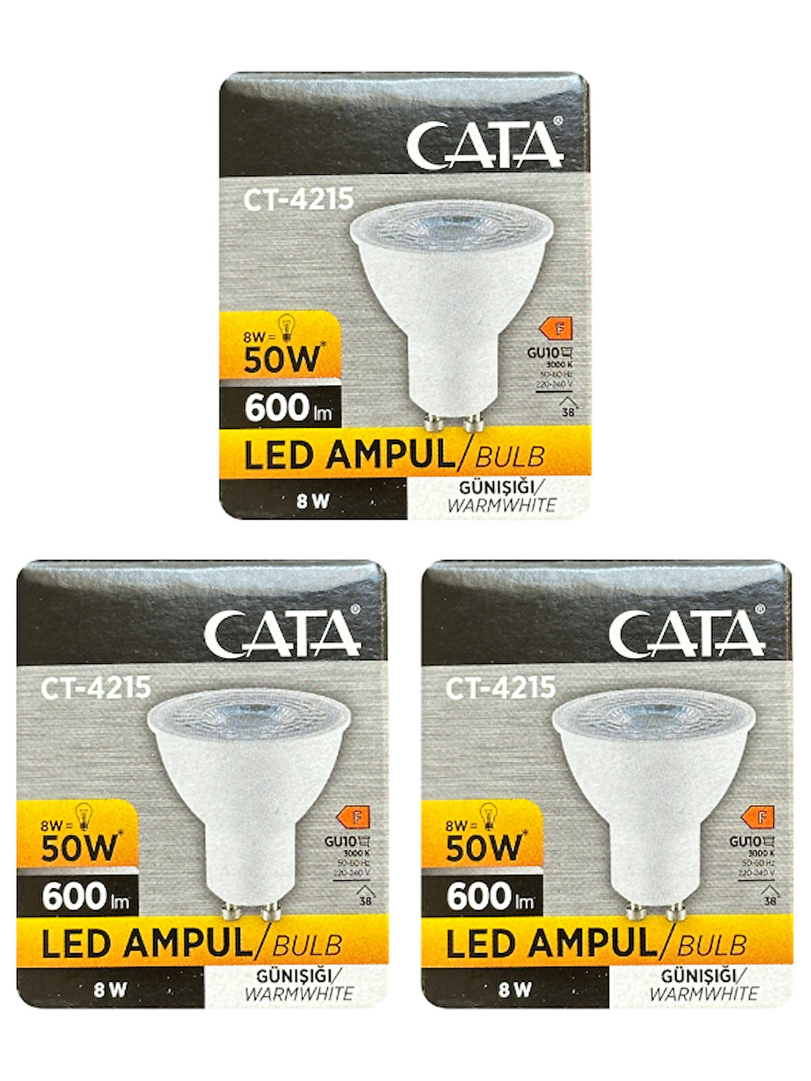 (3 Adet) Cata 8W (50W) 3000K (Sarı Işık) GU10 Duylu Led Spot Ampul