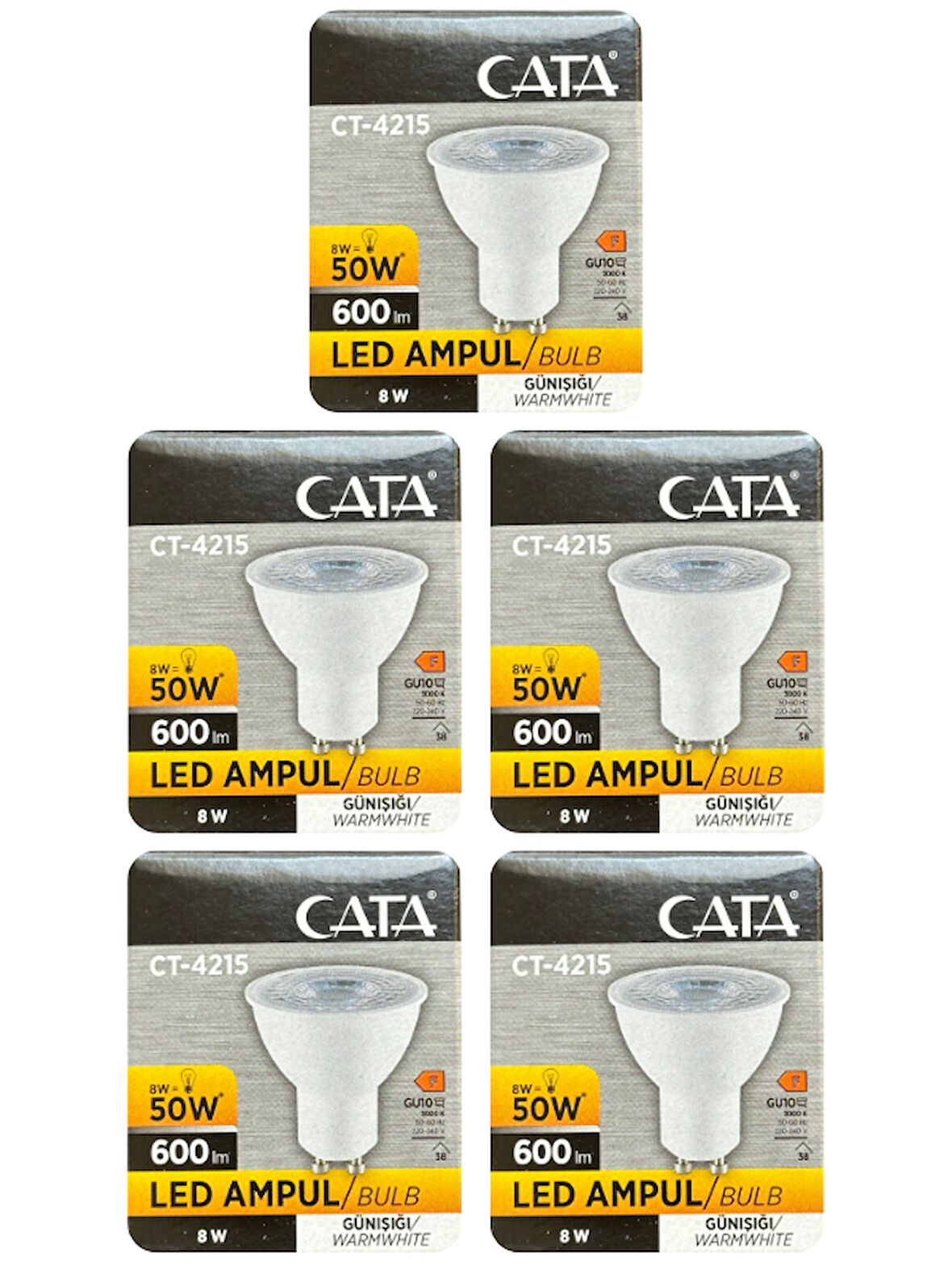 (5 Adet) Cata 8W (50W) 3000K (Sarı Işık) GU10 Duylu Led Spot Ampul