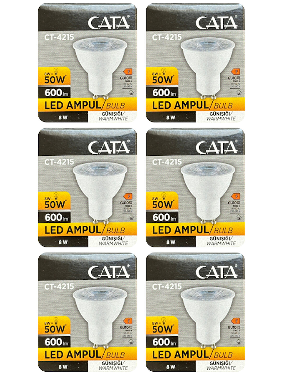 (6 Adet) Cata 8W (50W) 3000K (Sarı Işık) GU10 Duylu Led Spot Ampul