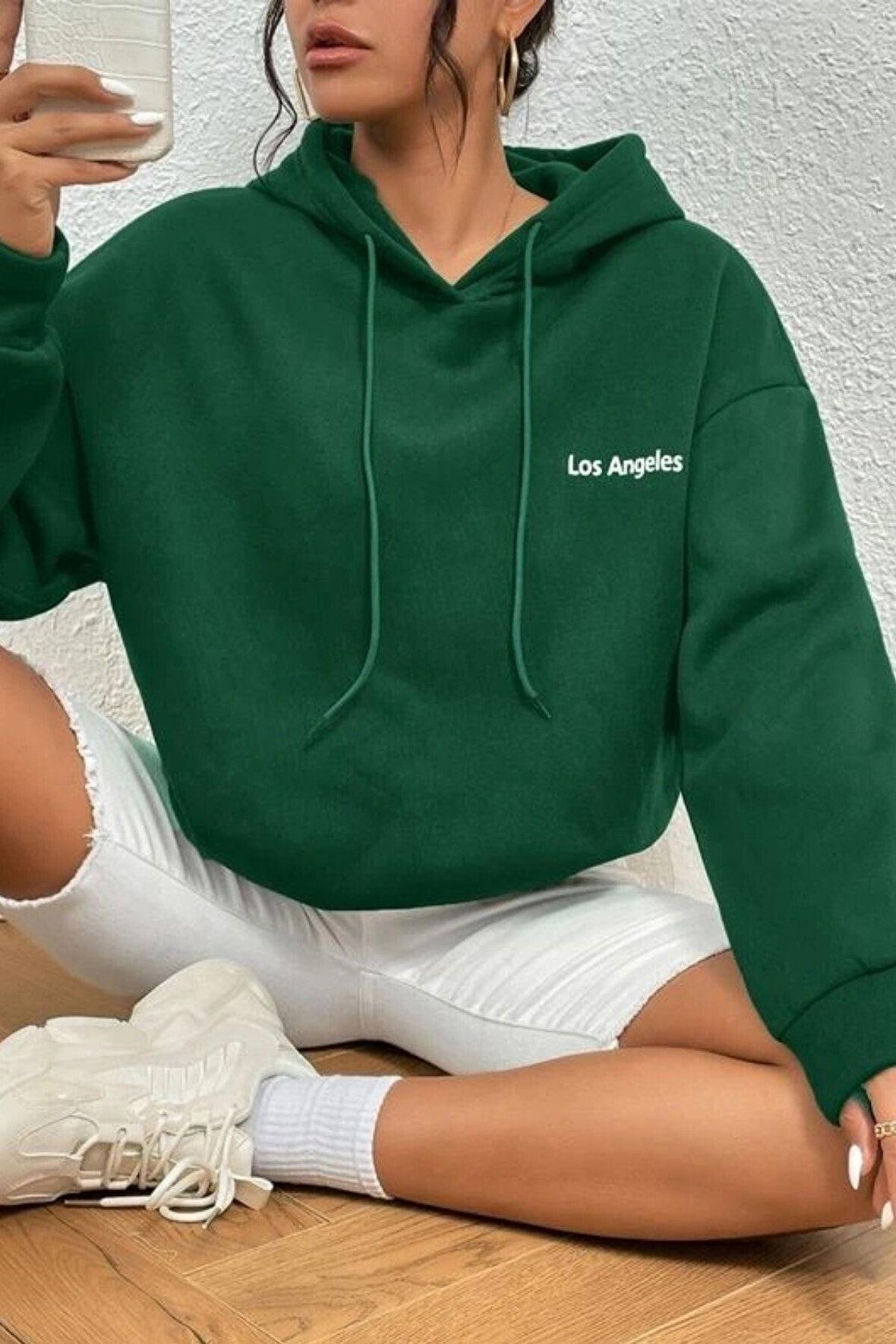 Unisex Los Angeles Baskılı Oversize Kapüşonlu Yeşil Sweatshirt