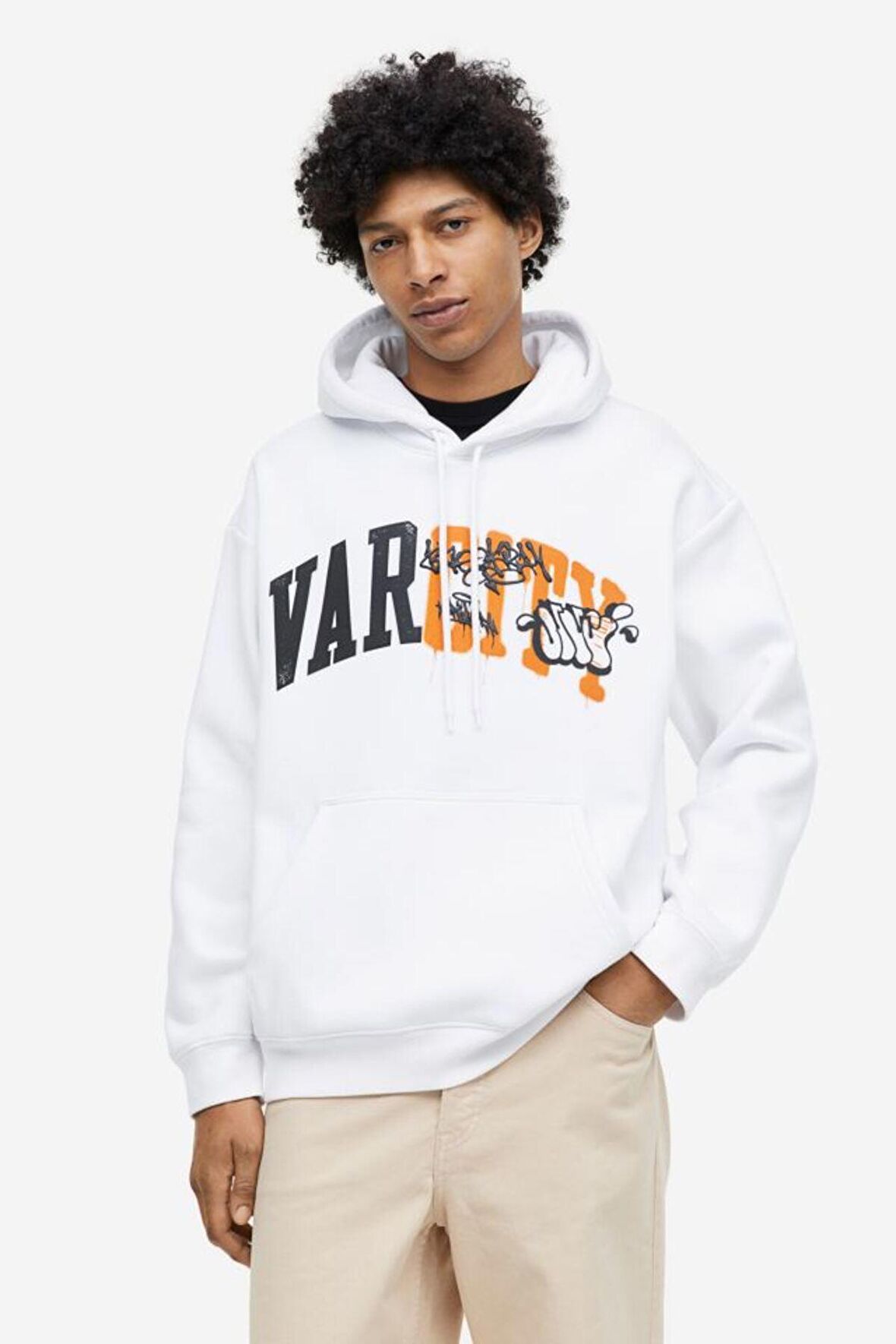 Unisex Varcity Baskılı Oversize Kapüşonlu Beyaz Sweatshirt