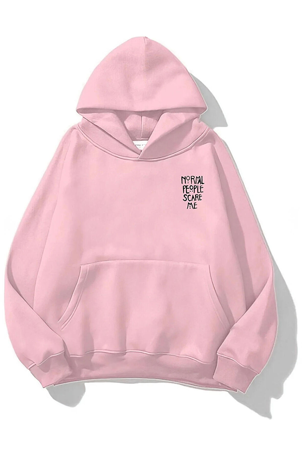 Unisex Normal People Scare Me Baskılı Oversize Kapüşonlu Pembe Sweatshirt