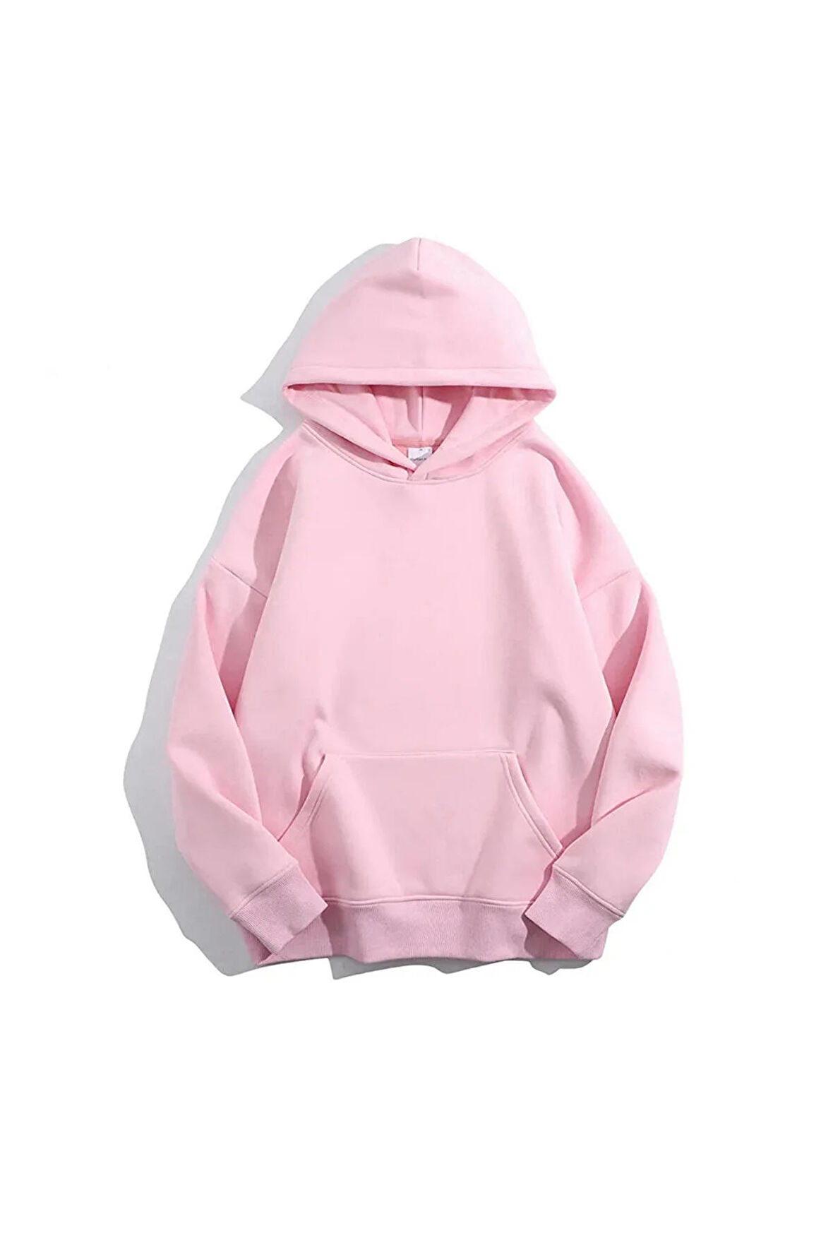 Unisex Düz Oversize Kapüşonlu Pembe Sweatshirt