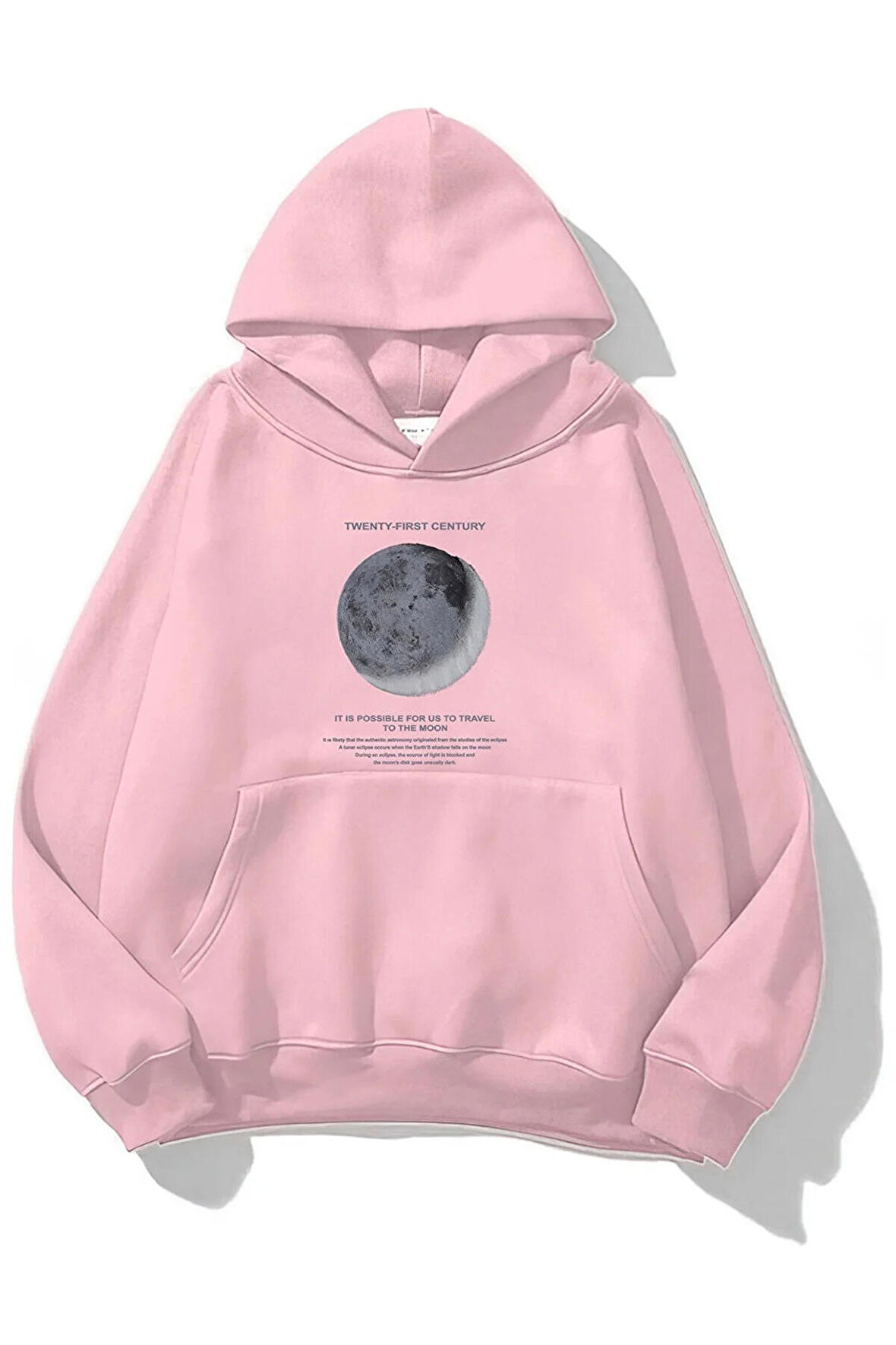 Unisex Moon Baskılı Oversize Kapüşonlu Pembe Sweatshirt