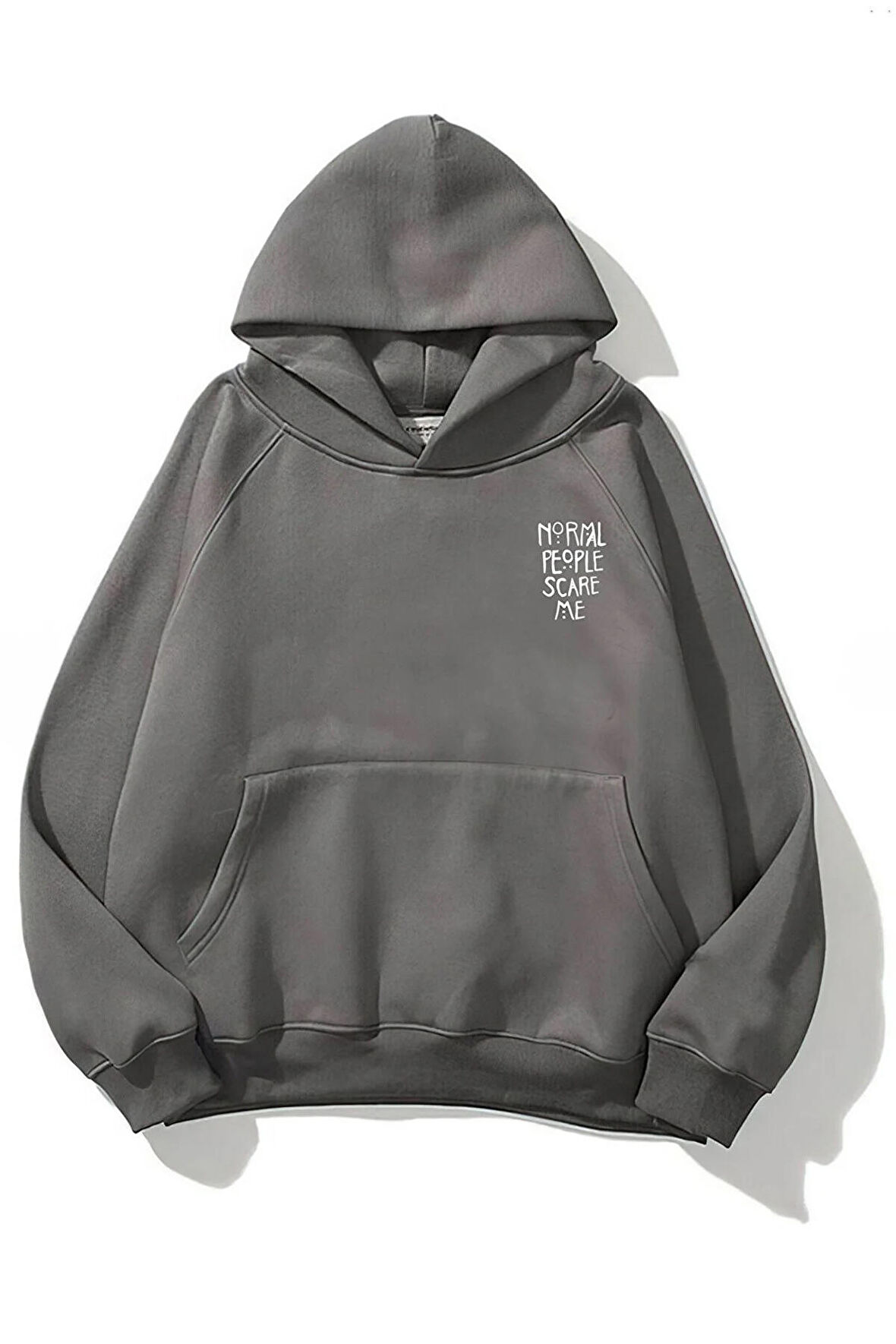 Unisex Normal People Scare Me Baskılı Oversize Kapüşonlu Antrasit Gri Sweatshirt