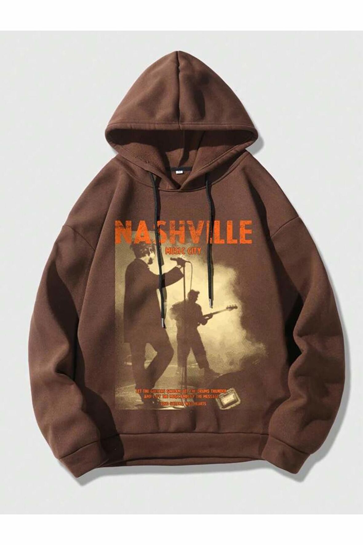 Unisex Nashville Baskılı Oversize Kapüşonlu Kahverengi Sweatshirt