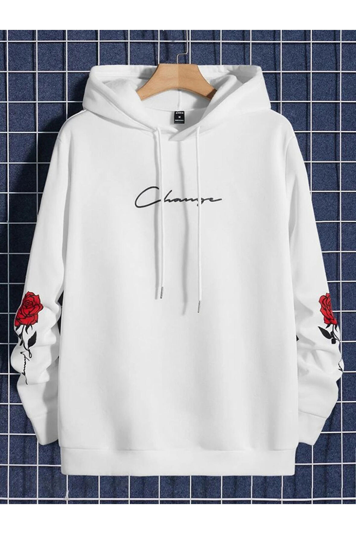 Unisex Change Baskılı Oversize Kapüşonlu Beyaz Sweatshirt