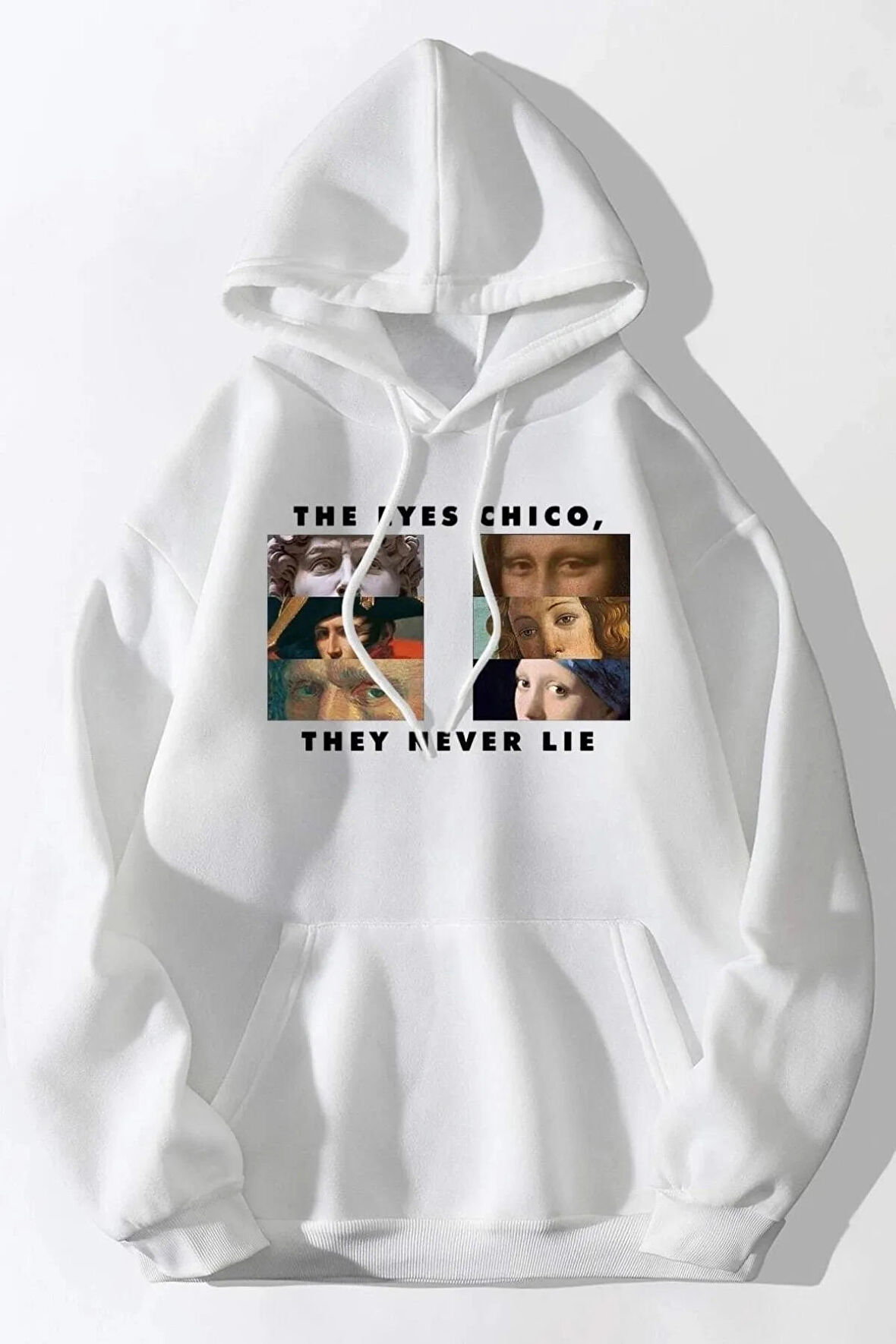 Unisex The Eyes Chico Baskılı Oversize Kapüşonlu Beyaz Sweatshirt