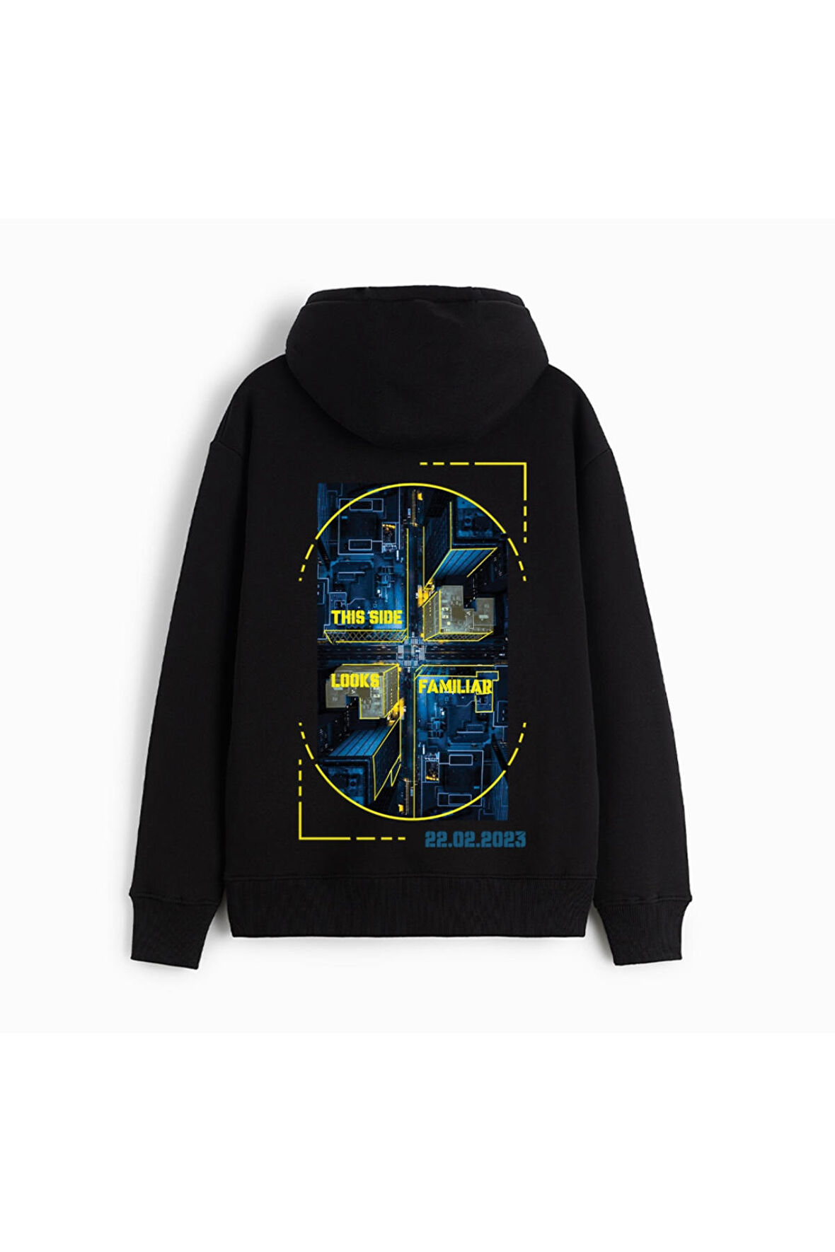 Unisex Familiar Baskılı Oversize Kapüşonlu Siyah Sweatshirt