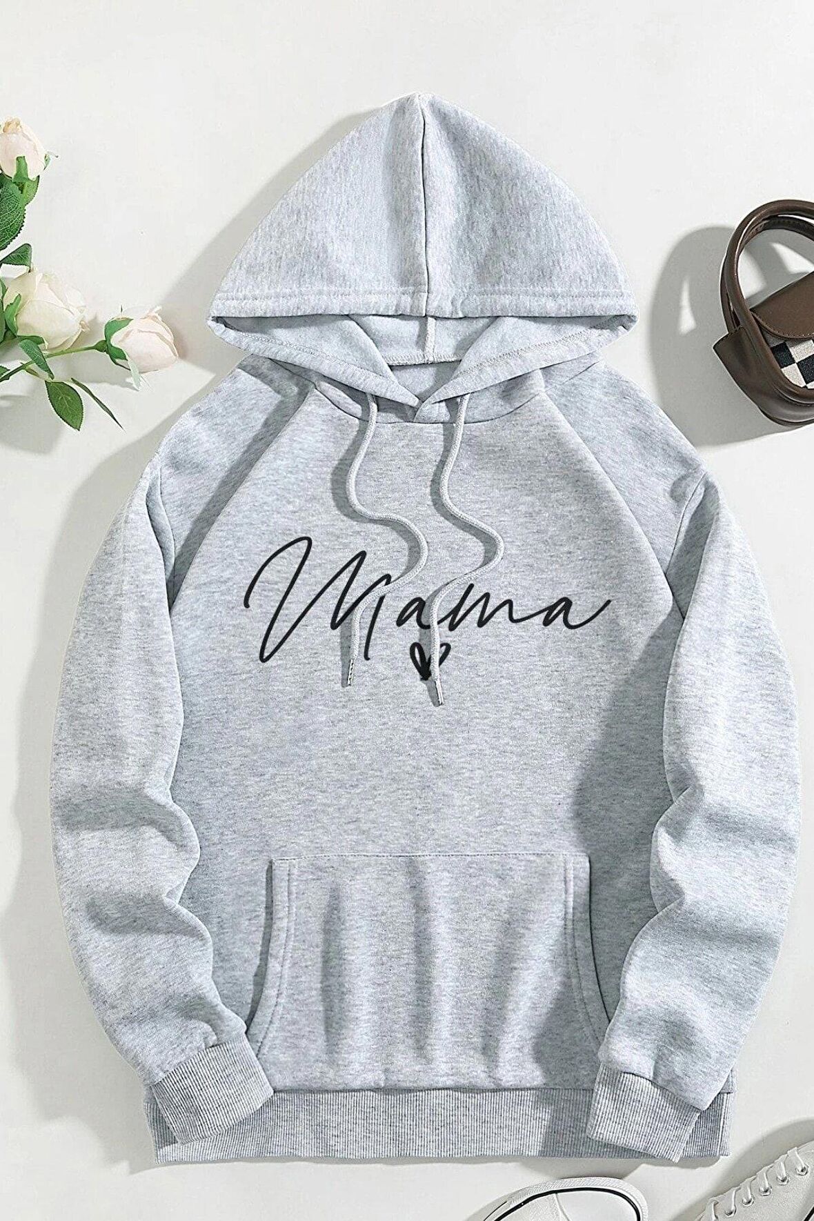 Unisex Mama Baskılı Oversize Kapüşonlu Gri Sweatshirt