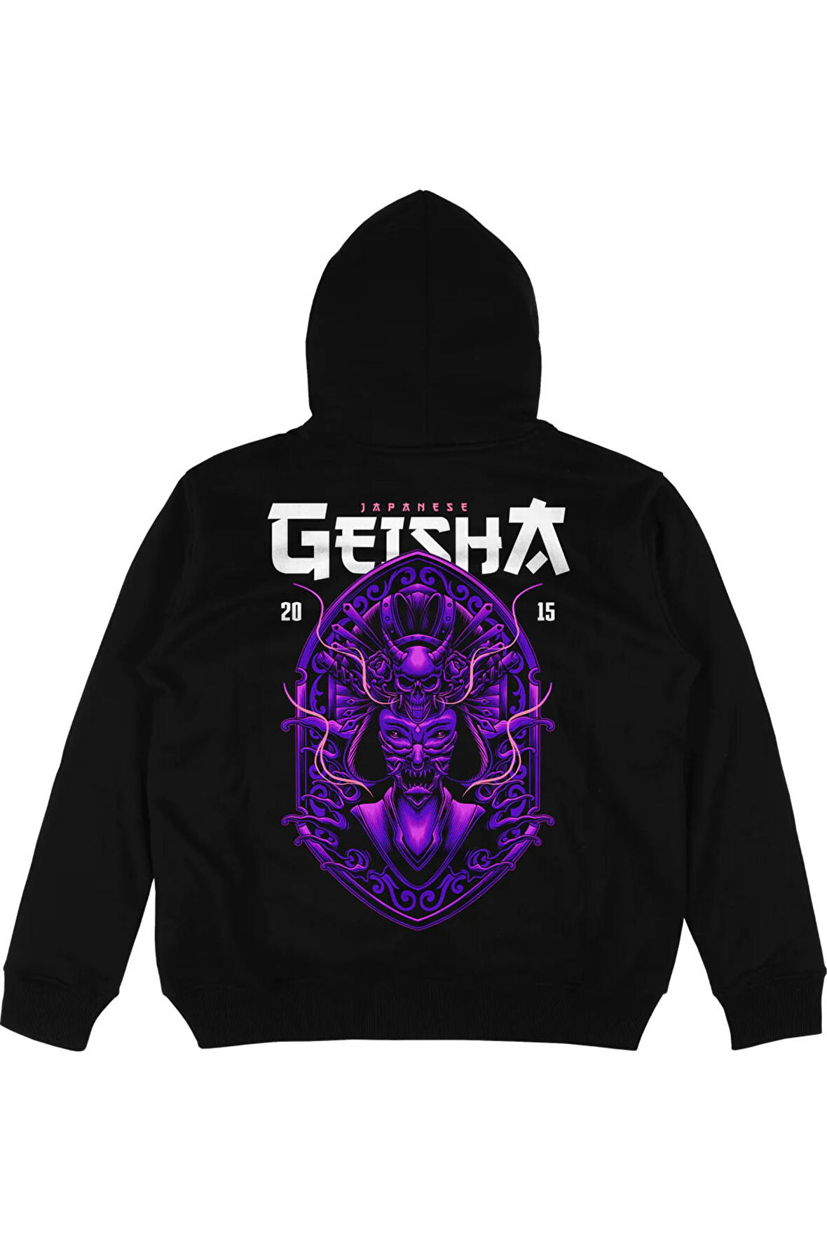 Unisex Geisha Baskılı Oversize Kapüşonlu Siyah Sweatshirt