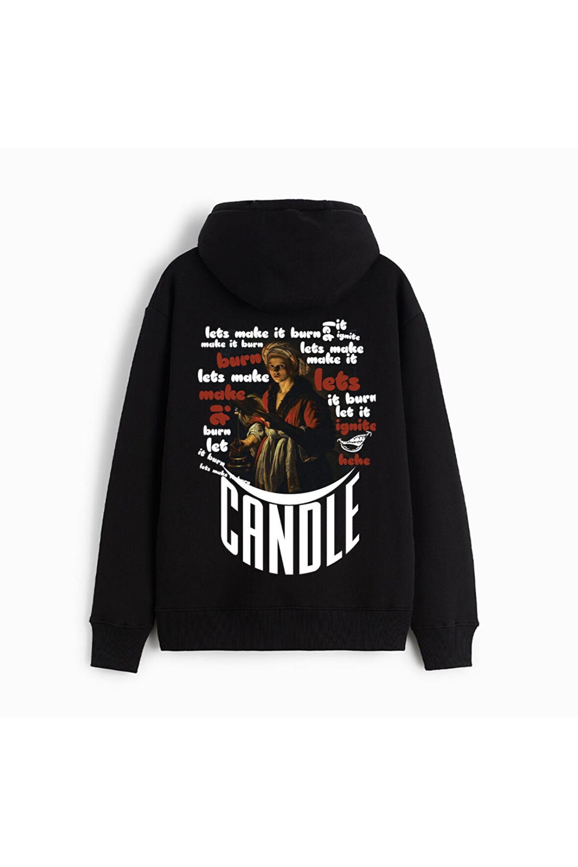 Unisex Lets Make Candle Baskılı Oversize Kapüşonlu Siyah Sweatshirt