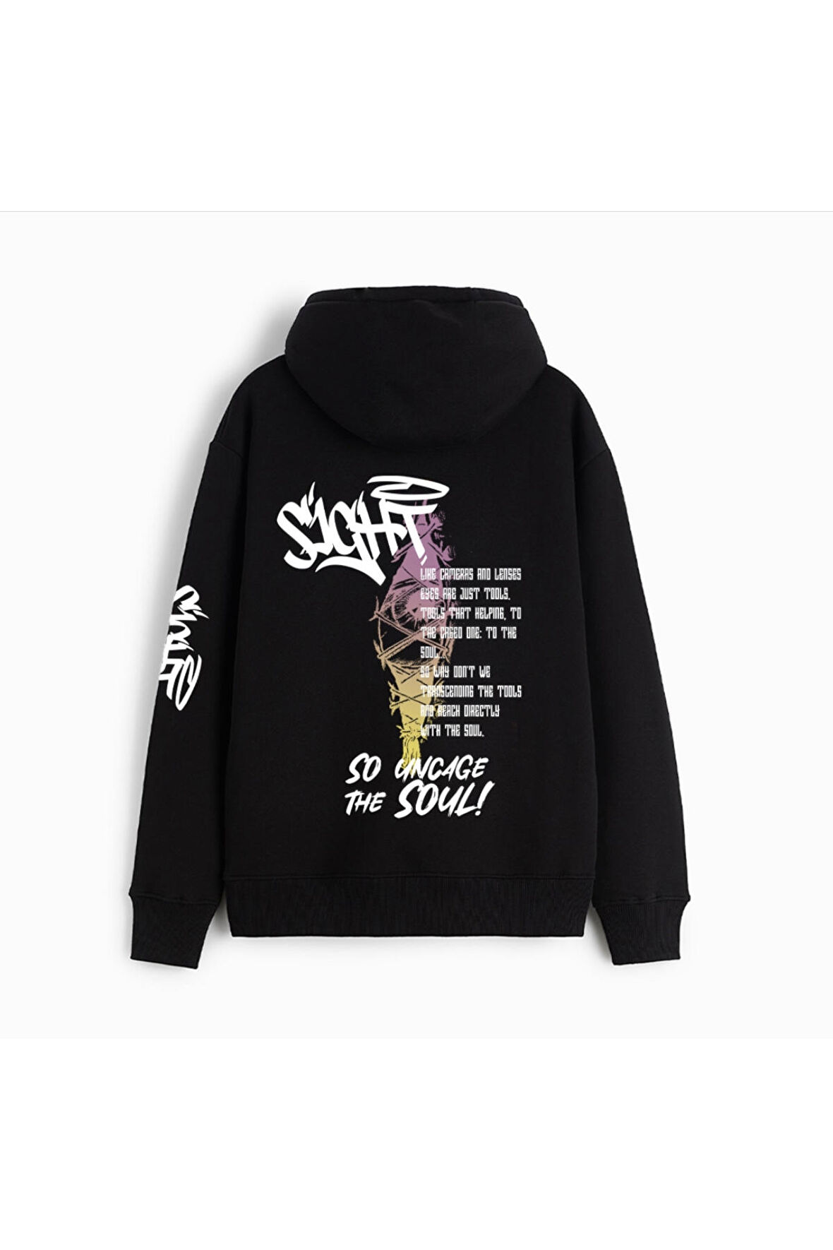 Unisex So Uncage The Soul Baskılı Oversize Kapüşonlu Siyah Sweatshirt