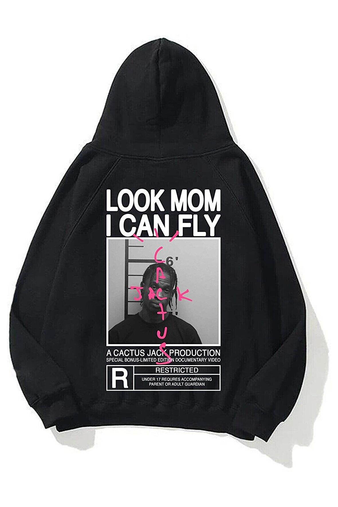 Unisex Look Mom I Can Fly Baskılı Oversize Kapüşonlu Siyah Sweatshirt