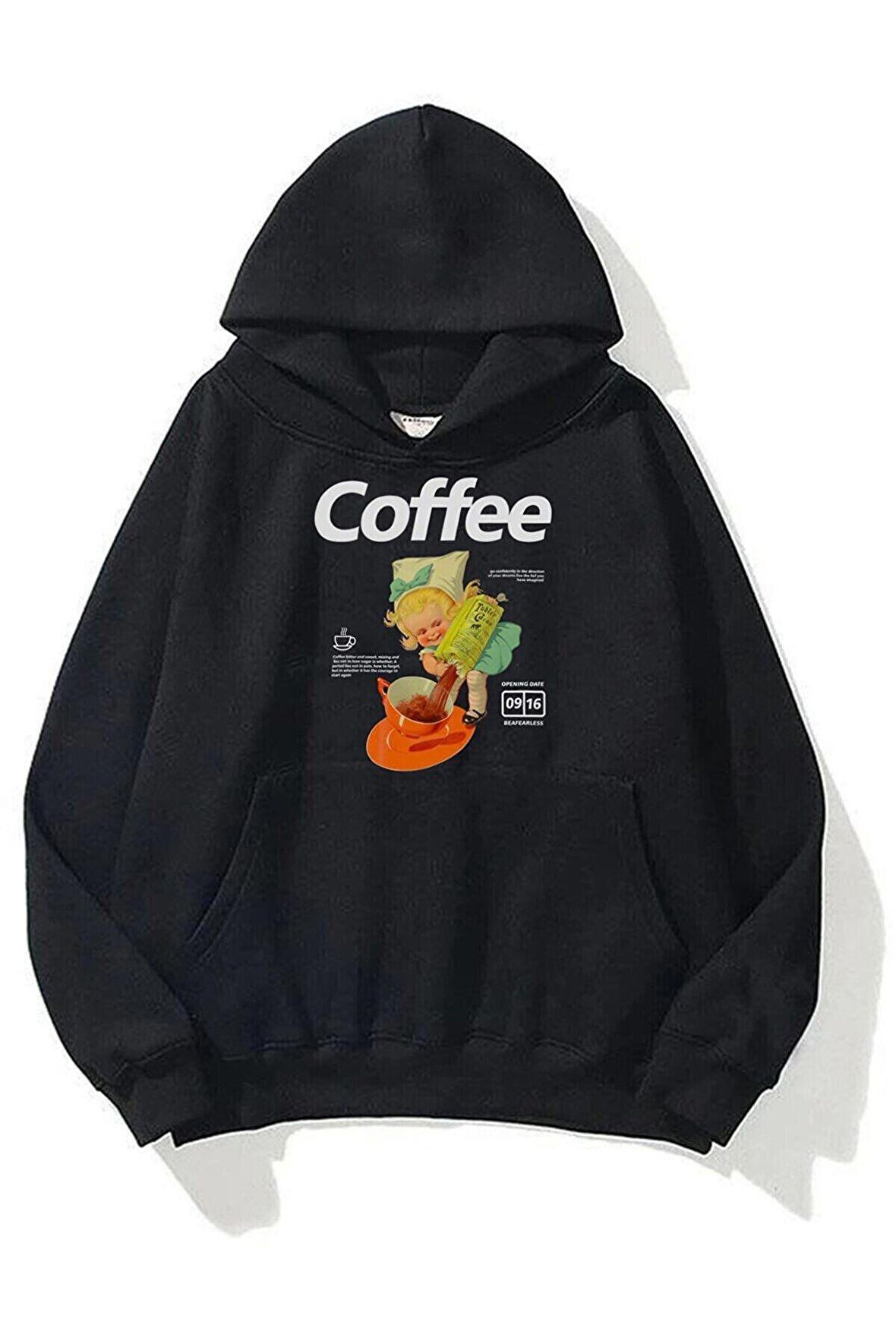 Unisex Coffee Baskılı Oversize Kapüşonlu Siyah Sweatshirt