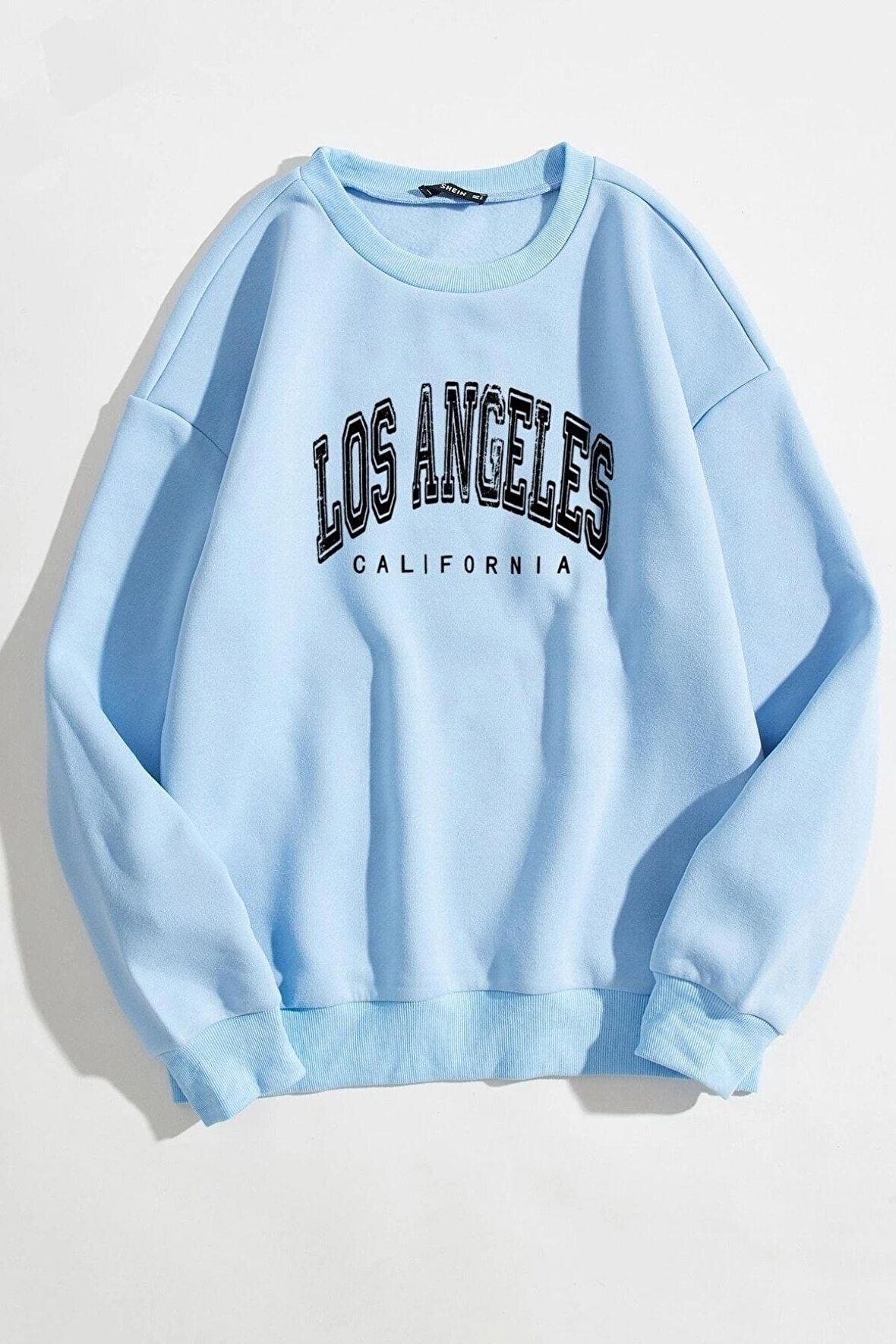 Unisex Los Angeles Baskılı Oversize Bebek Mavisi Bisiklet Yaka Sweatshirt