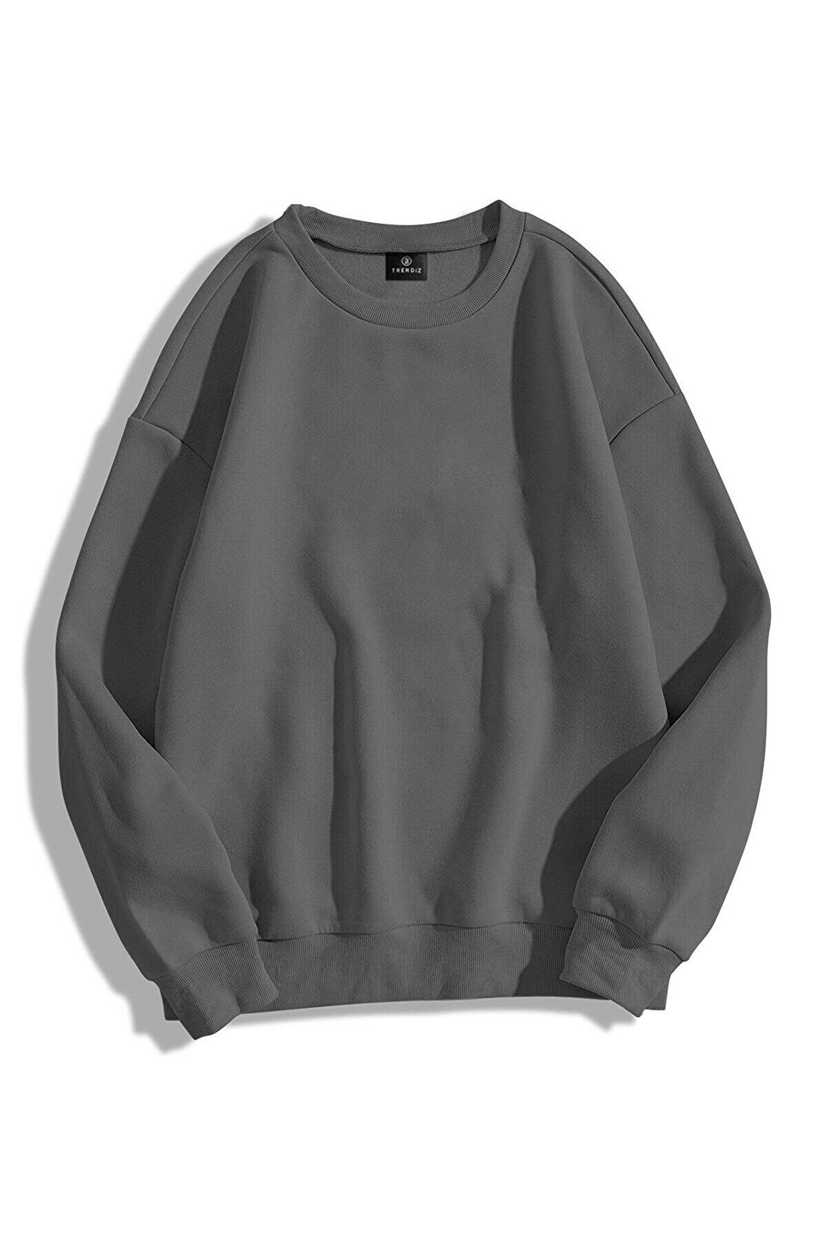 Unisex Düz Oversize Antrasit Gri Bisiklet Yaka Sweatshirt