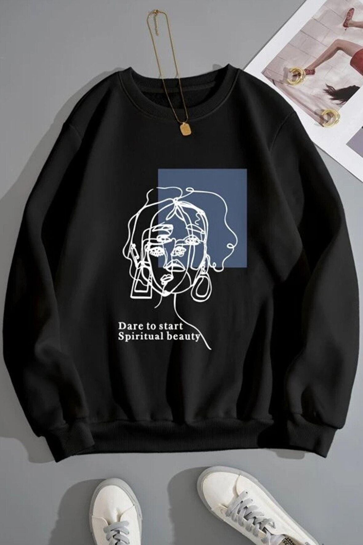 Unisex Spiritual Baskılı Oversize Siyah Bisiklet Yaka Sweatshirt