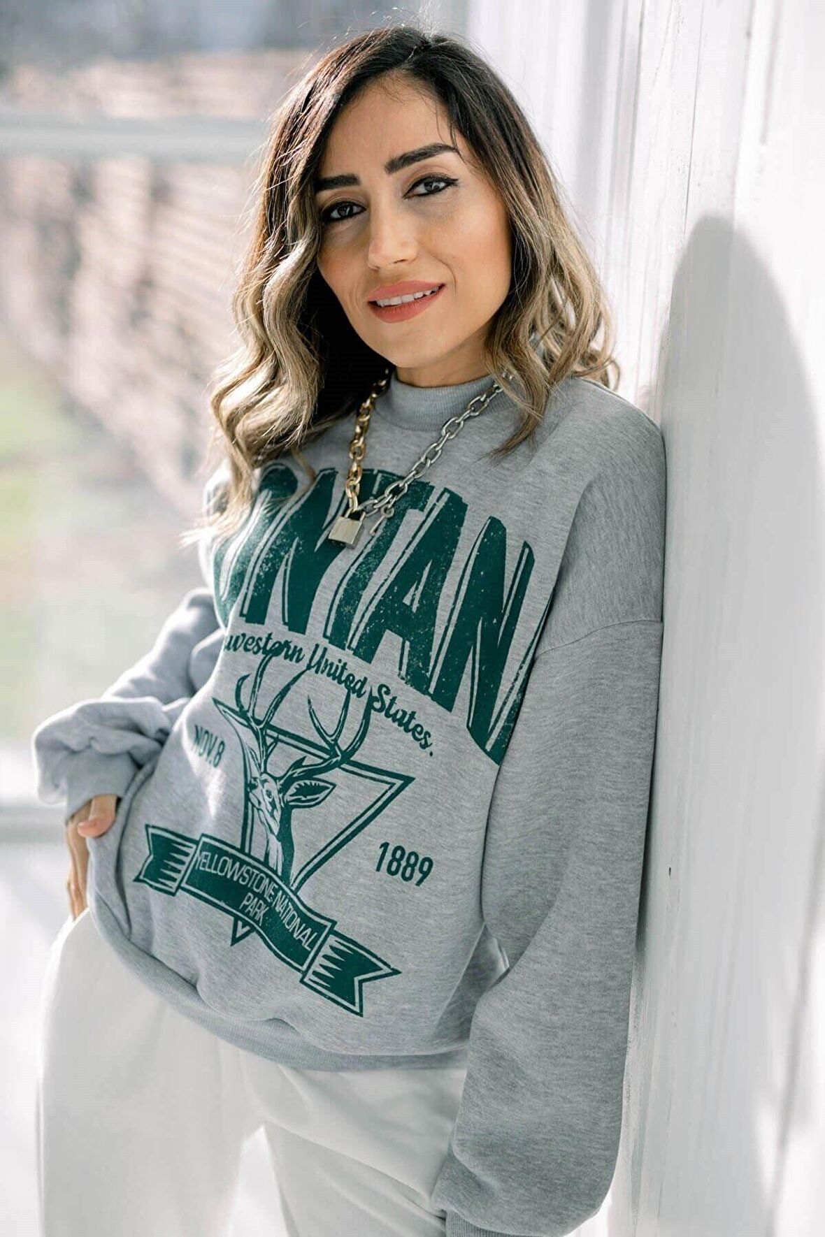 Unisex Montana Baskılı Oversize Gri Bisiklet Yaka Sweatshirt