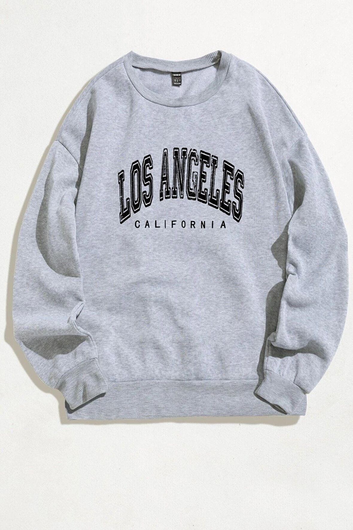 Unisex Los Angeles Baskılı Oversize Gri Bisiklet Yaka Sweatshirt