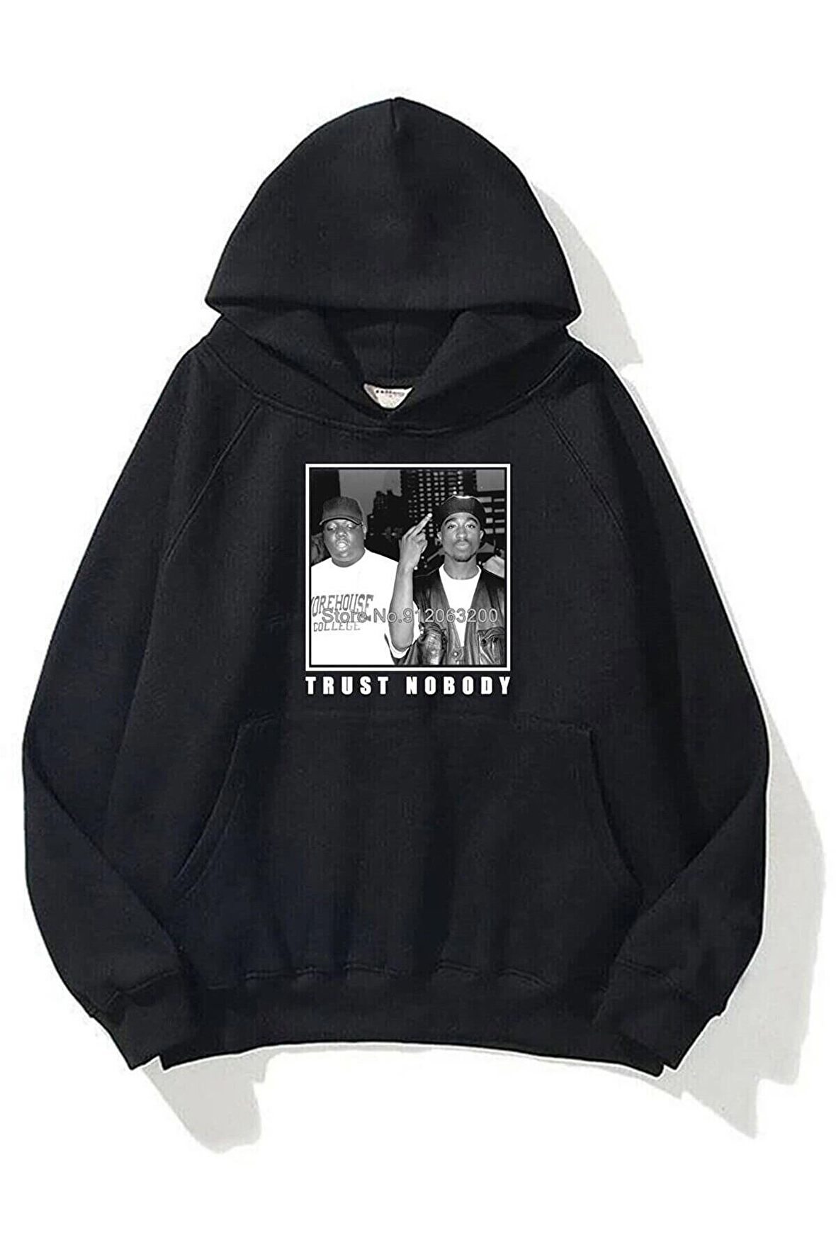 Unisex Trust Nobody Baskılı Oversize Kapüşonlu Siyah Sweatshirt