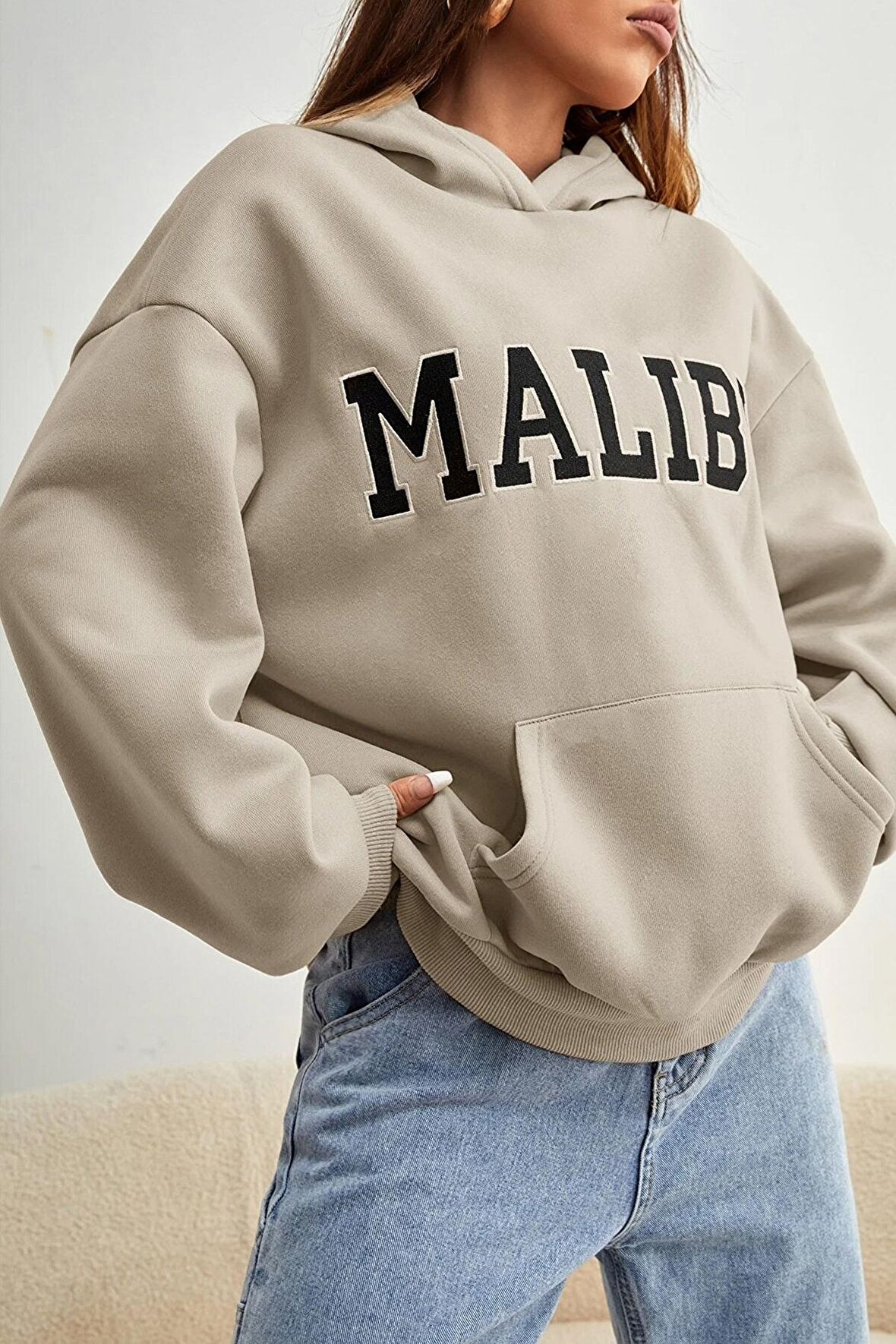 Unisex Malibu Baskılı Oversize Kapüşonlu Bej Sweatshirt