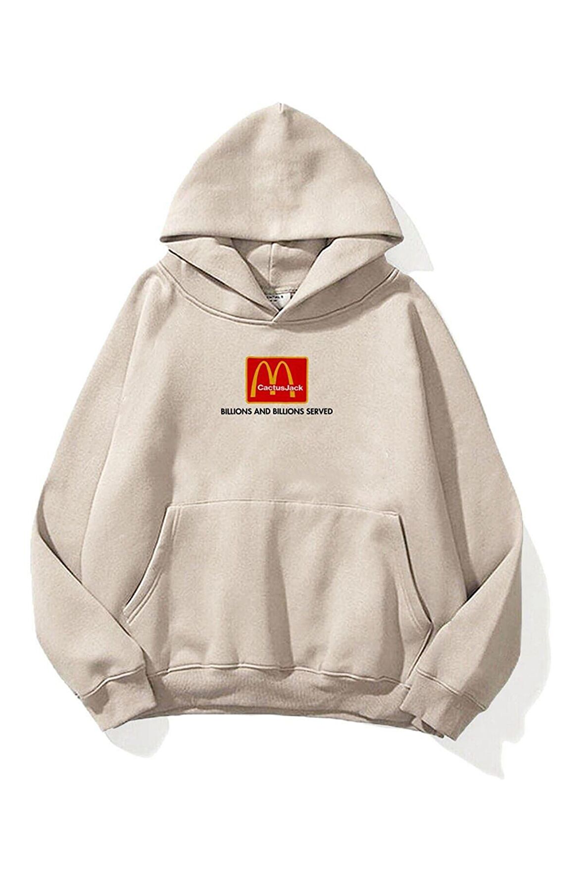 Unisex Mc Donalds Cactus Jack Baskılı Oversize Kapüşonlu Bej Sweatshirt