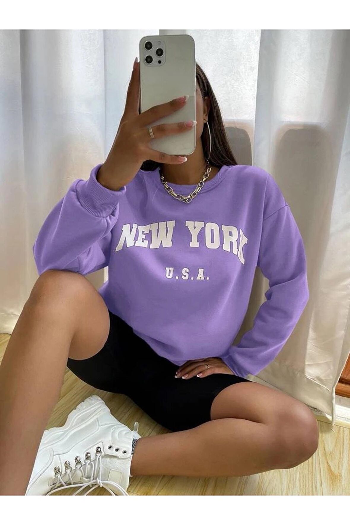 Unisex New York USA Baskılı Oversize Eflatun Bisiklet Yaka Sweatshirt