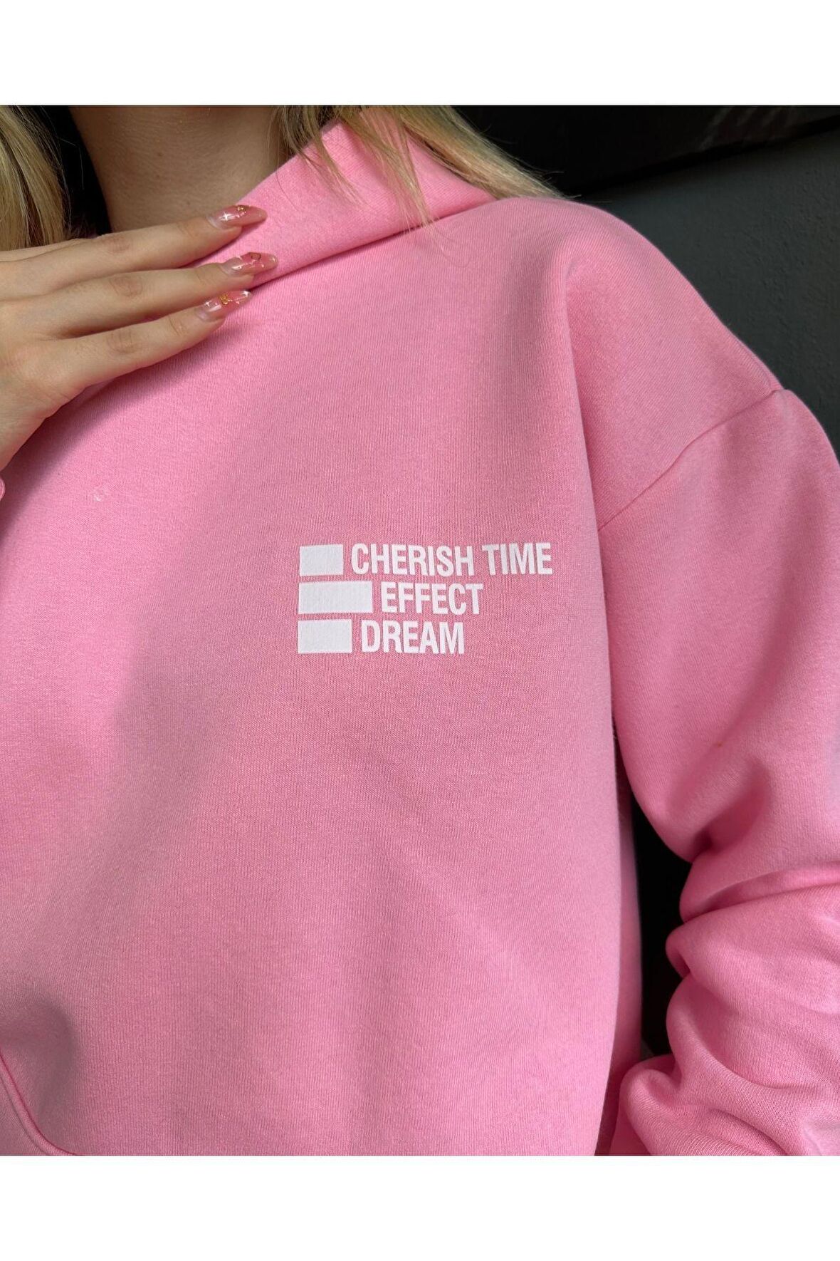 Unisex Cheris Time Baskılı Oversize Kapüşonlu Pembe Sweatshirt