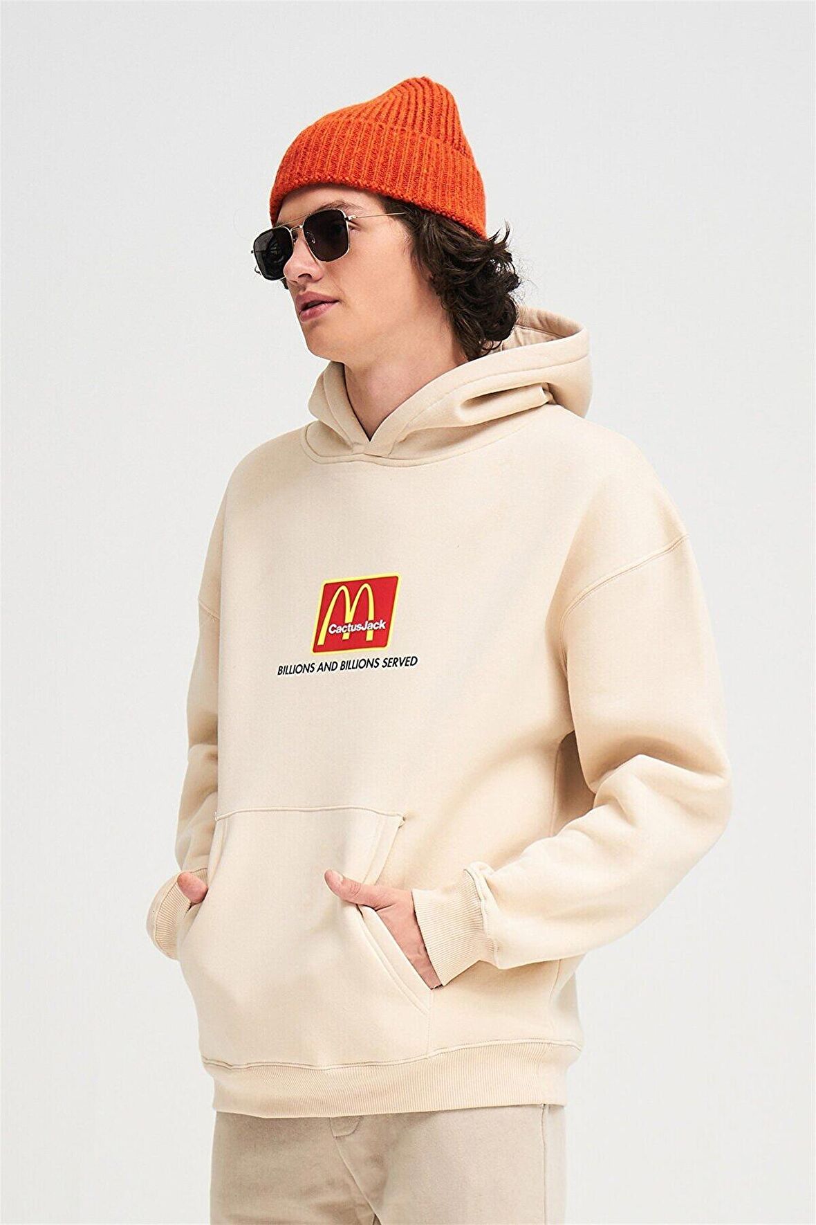 Unisex Mc Donalds Cactus Jack Baskılı Oversize Kapüşonlu Krem Sweatshirt