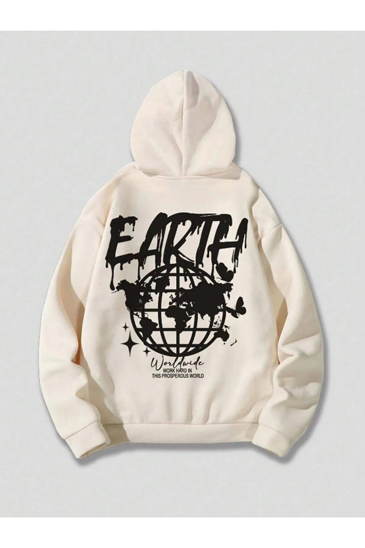 Unisex Earth Baskılı Oversize Kapüşonlu Krem Sweatshirt