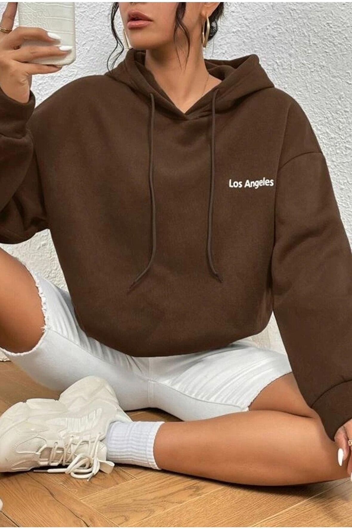 Unisex Los Angeles Baskılı Oversize Kapüşonlu Kahverengi Sweatshirt