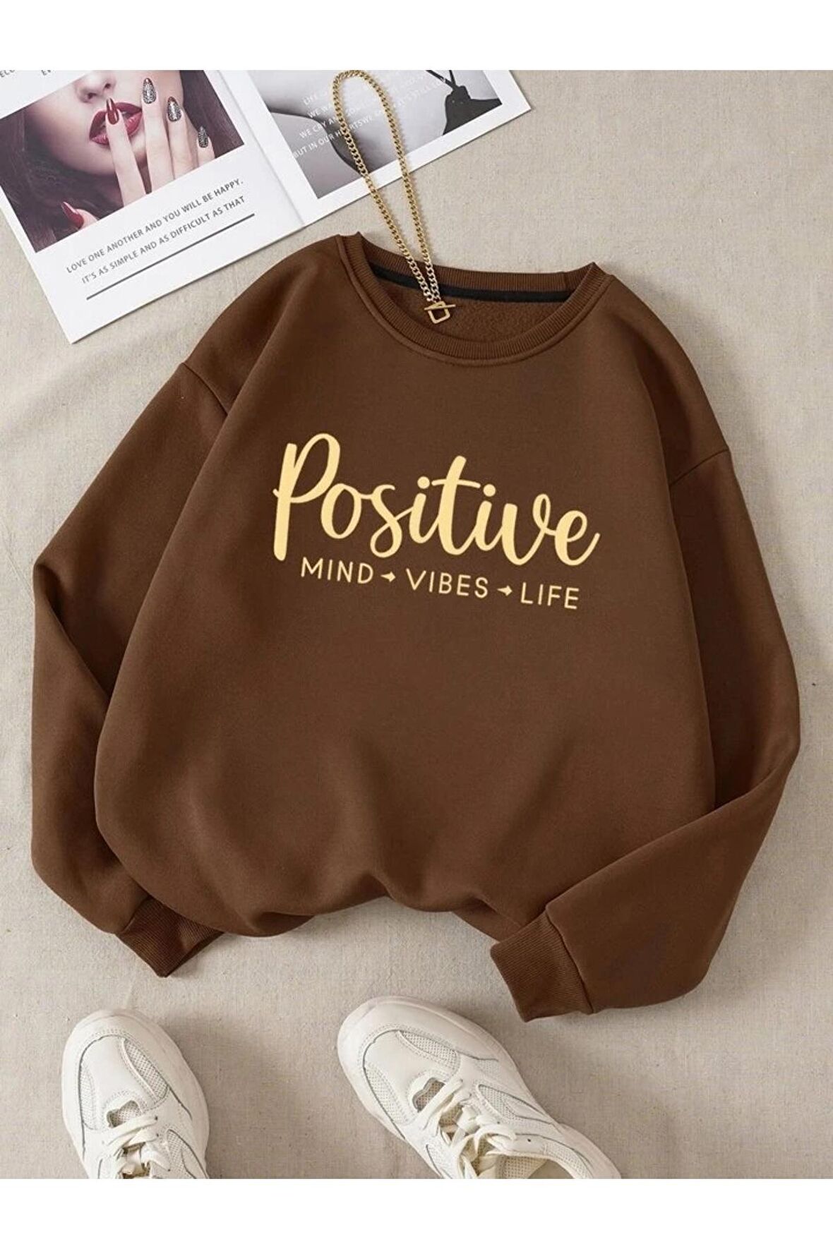 Unisex Positive Baskılı Oversize Kahverengi Bisiklet Yaka Sweatshirt