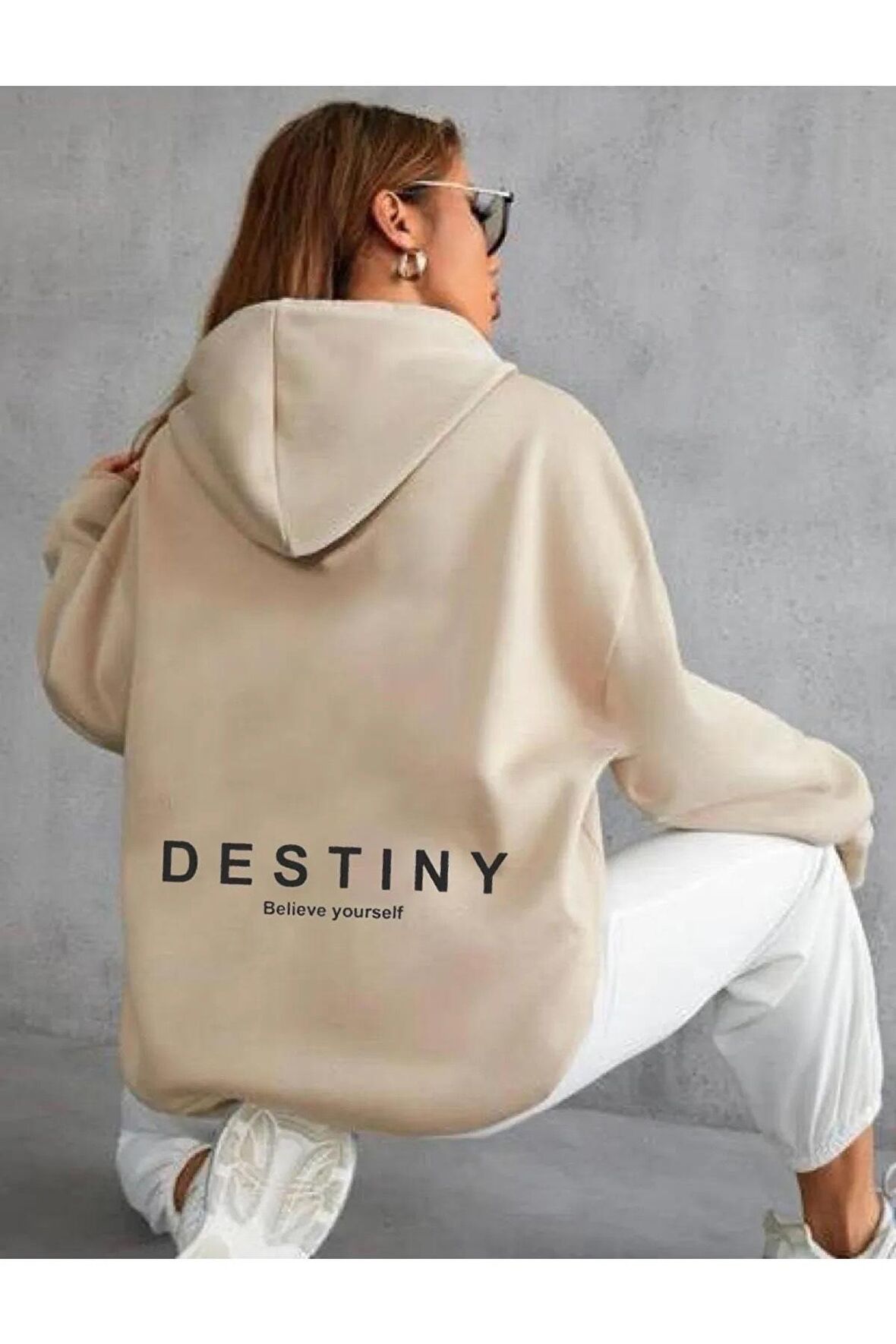 Unisex Destiny Believe Yourself Baskılı Oversize Kapüşonlu Krem Sweatshirt