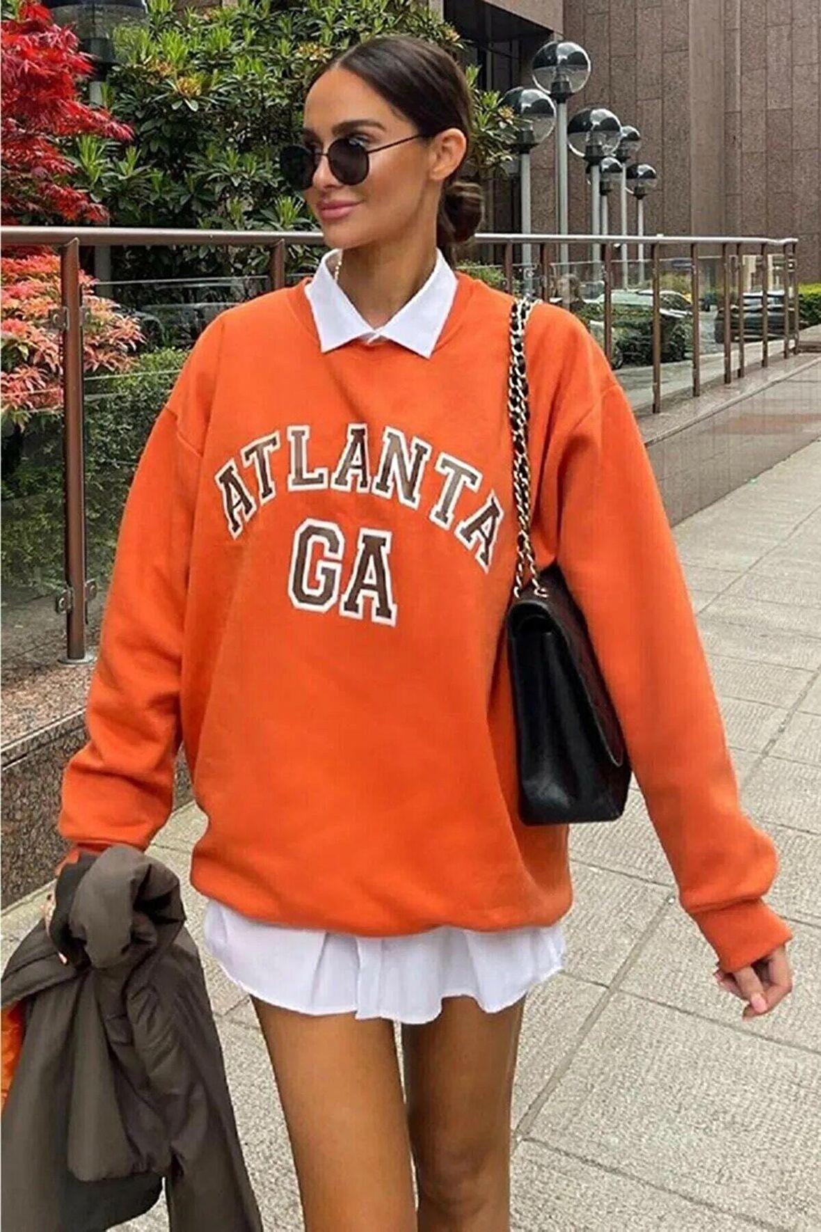 Unisex Atlanta Baskılı Oversize Turuncu Bisiklet Yaka Sweatshirt