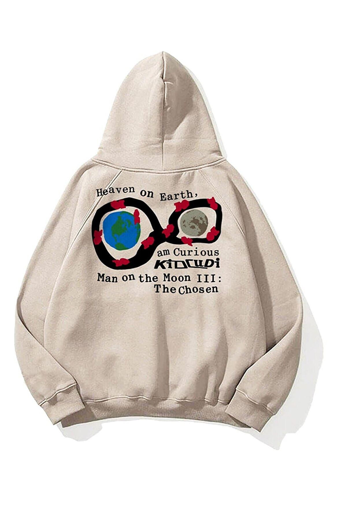 Unisex Kid Cudi Baskılı Oversize Kapüşonlu Bej Sweatshirt