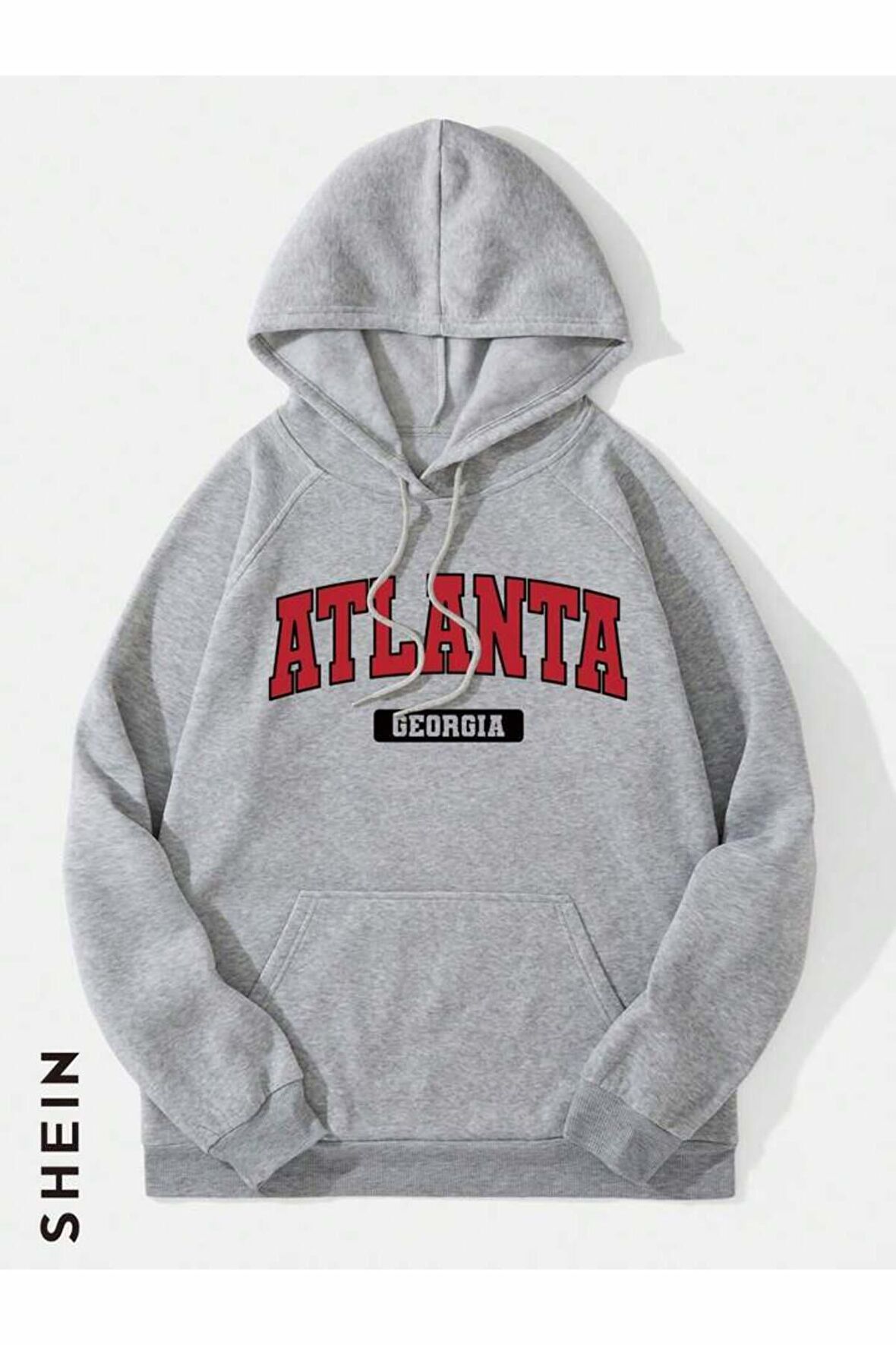 Unisex Atlanta Georgia Baskılı Oversize Kapüşonlu Gri Sweatshirt