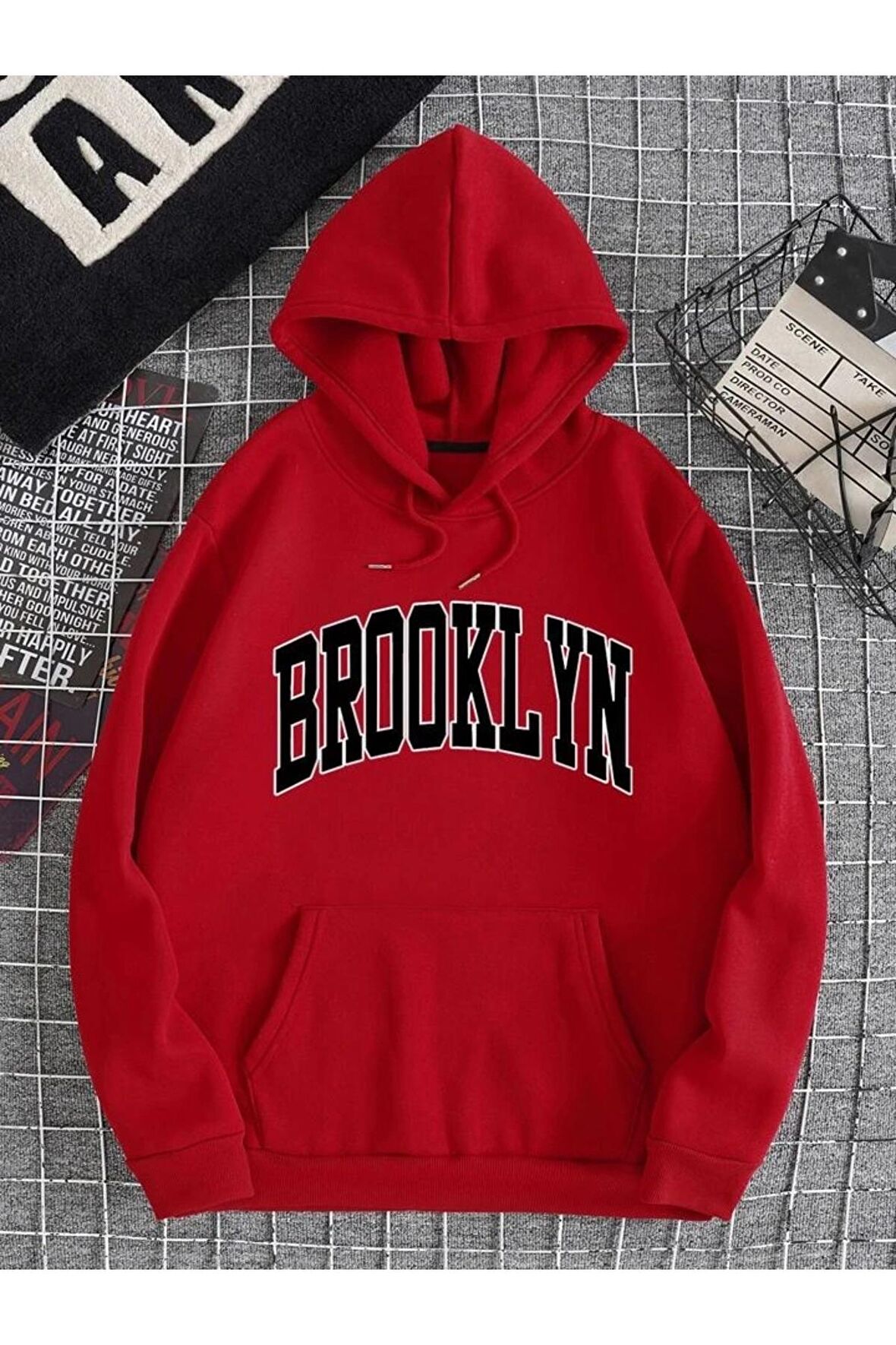 Unisex Brooklyn Baskılı Oversize Kapüşonlu Kırmızı Sweatshirt