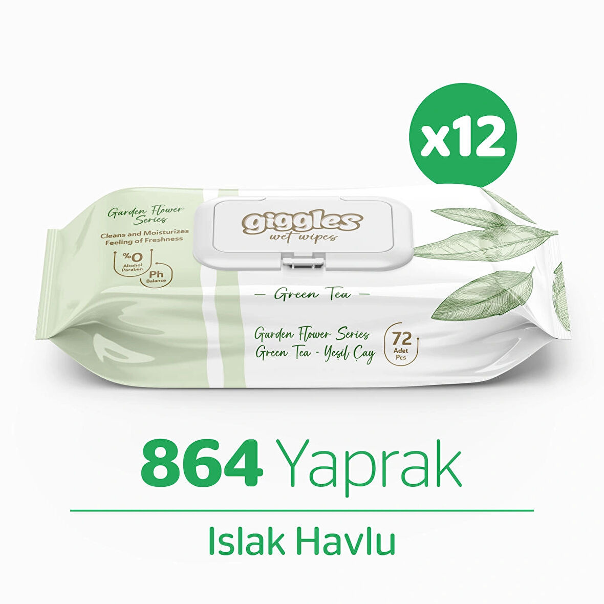 Giggles Yeşilçay Kokulu Islak Havlu 72'li 12 Paket 864 Mendil 