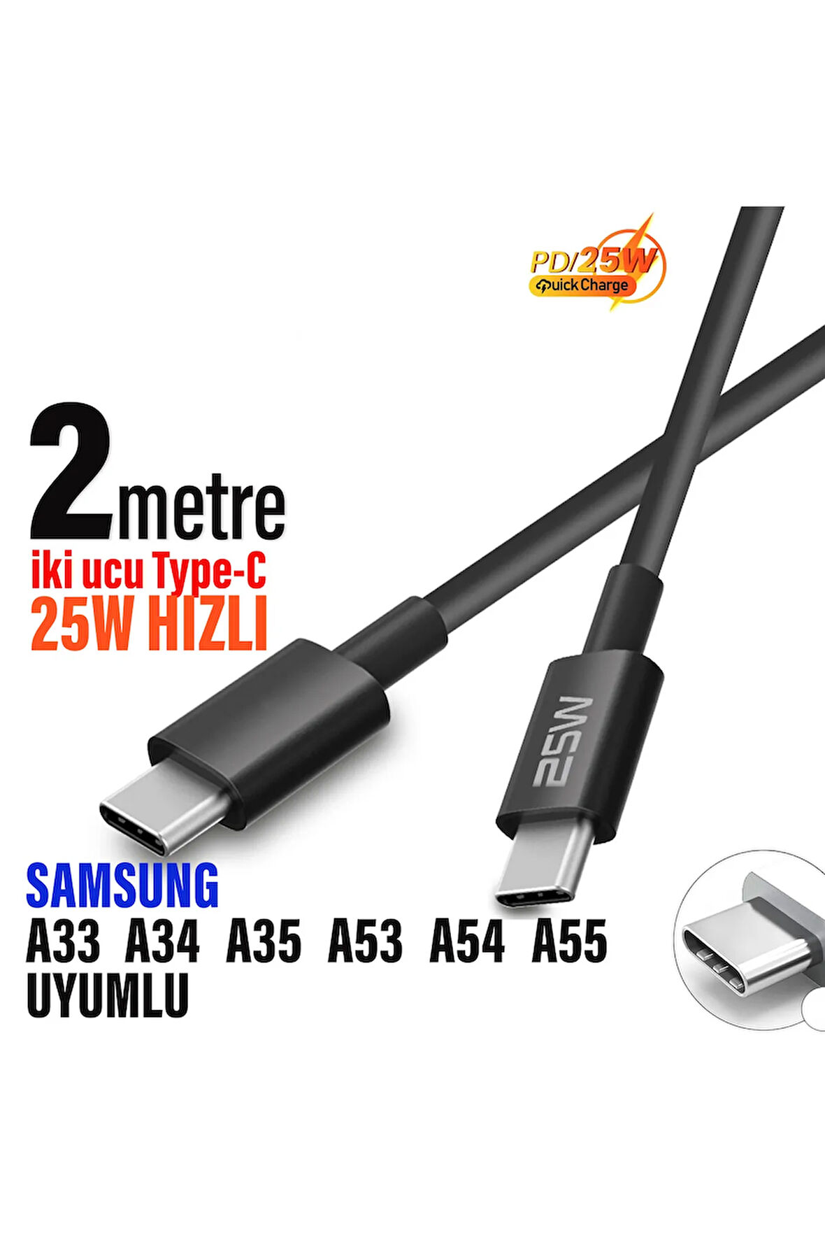 Samsung A33 A34 A35 A53 A54 A55 Type-C den Type-C ye 2 metre Uzun Şarj Kablosu 25W 2M