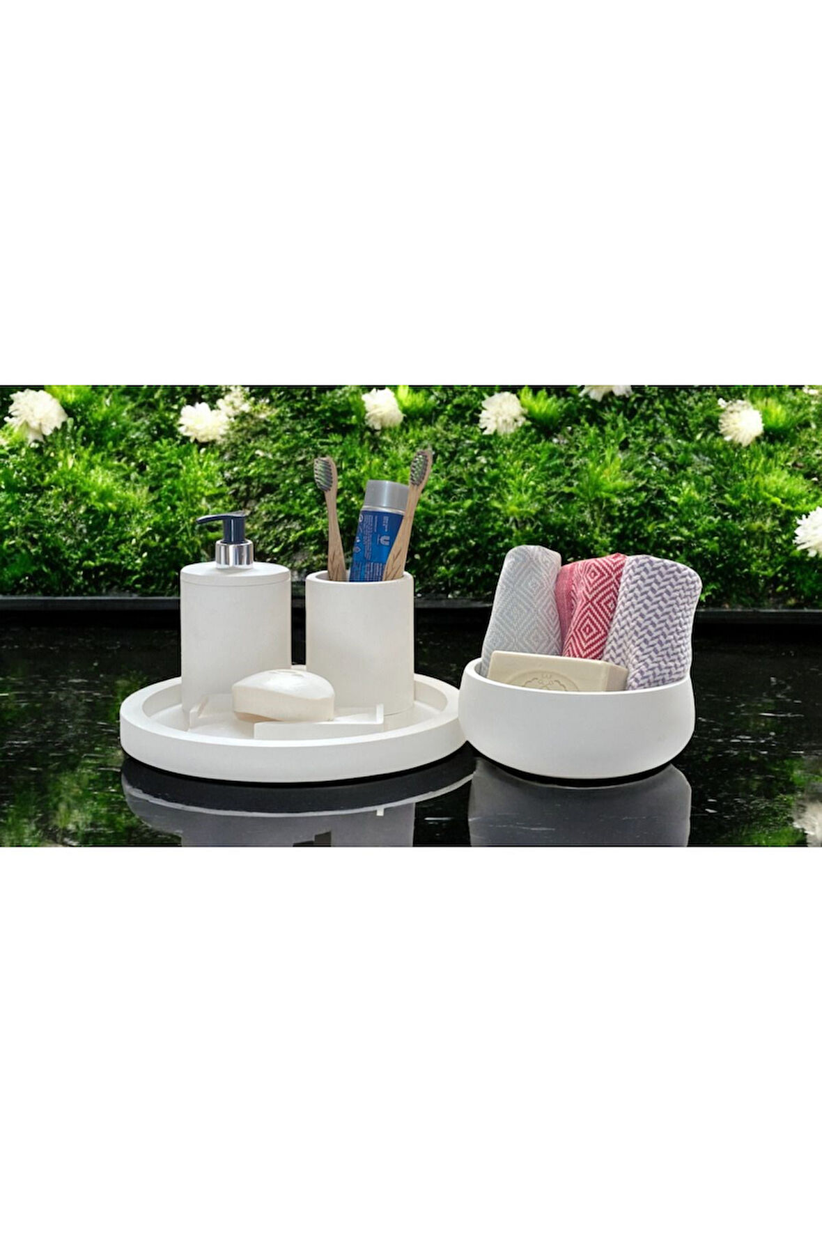 Mermer Desenli Klasik Beton Banyo Aksesuar Seti (5 Parça)