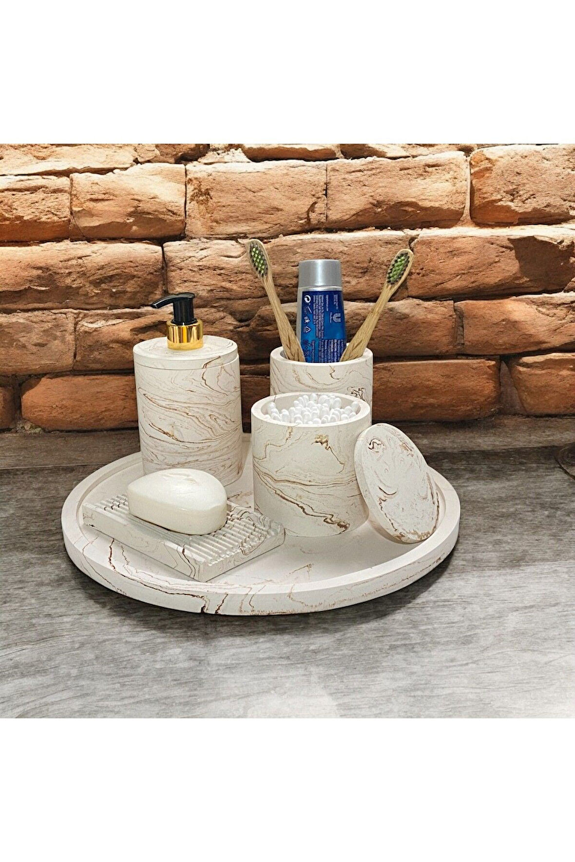 Rustik Mermer Desenli Beton Banyo Aksesuar Seti (5 Parça)