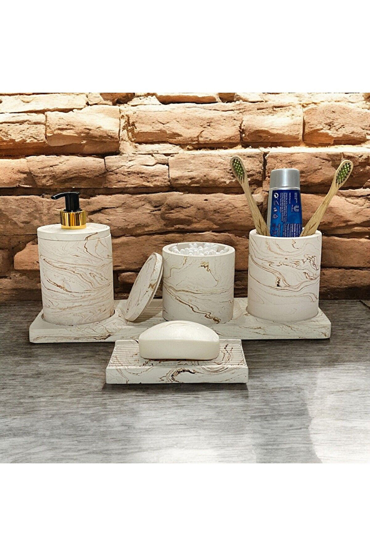 Çizgili Mermer Desenli Beton Banyo Aksesuar Seti (5 Parça)